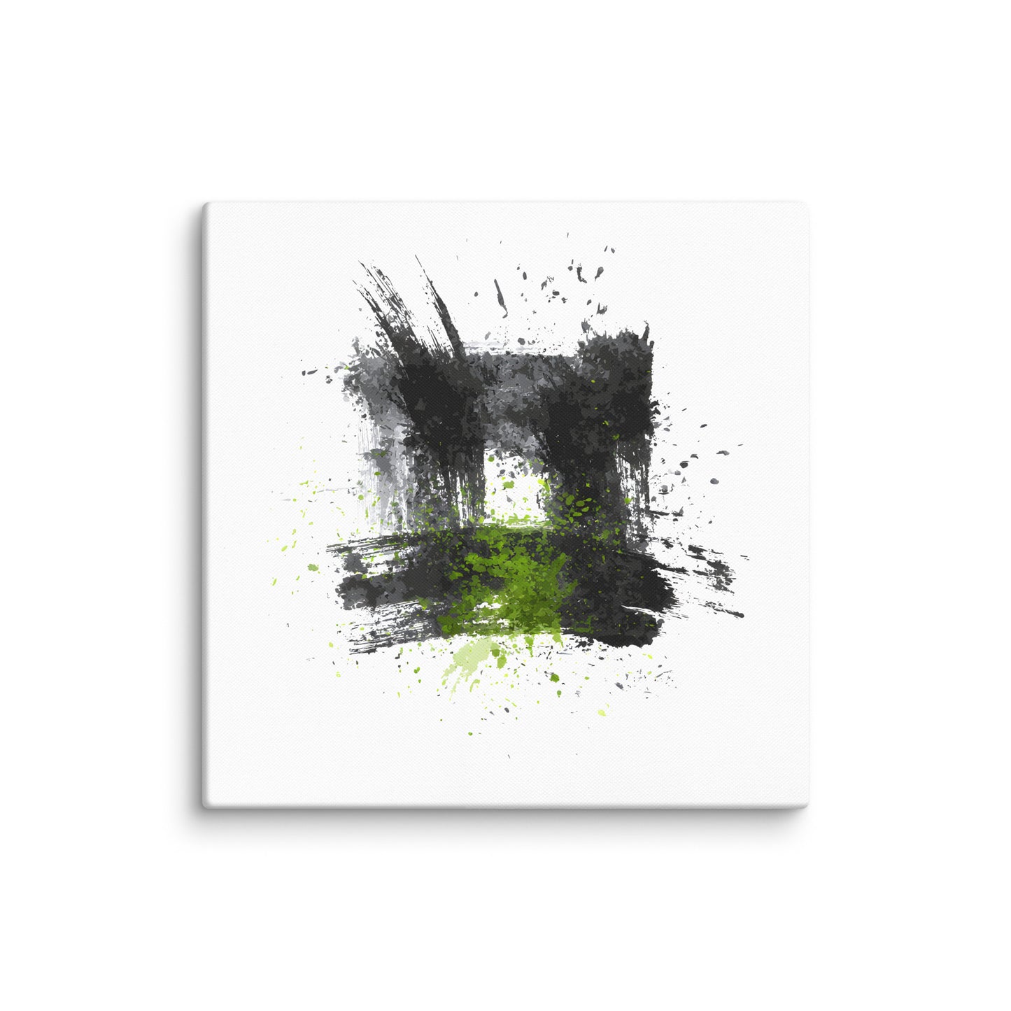 Wandbild Green Square No. 03 aus der Kollektion Chaos & Order im Format 24x24 Zoll mit grünem Quadrat, schwarzer Quadratstruktur und abstrakter Tusche-Komposition