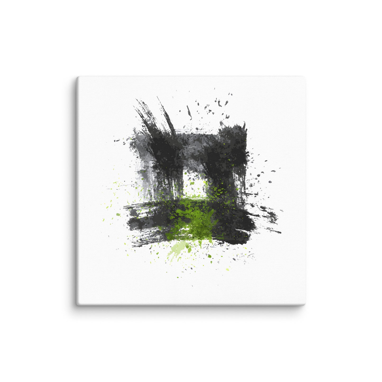 Wandbild Green Square No. 03 aus der Kollektion Chaos & Order im Format 36x36 Zoll mit grünem Quadrat, schwarzer Quadratstruktur und abstrakter Tusche-Komposition