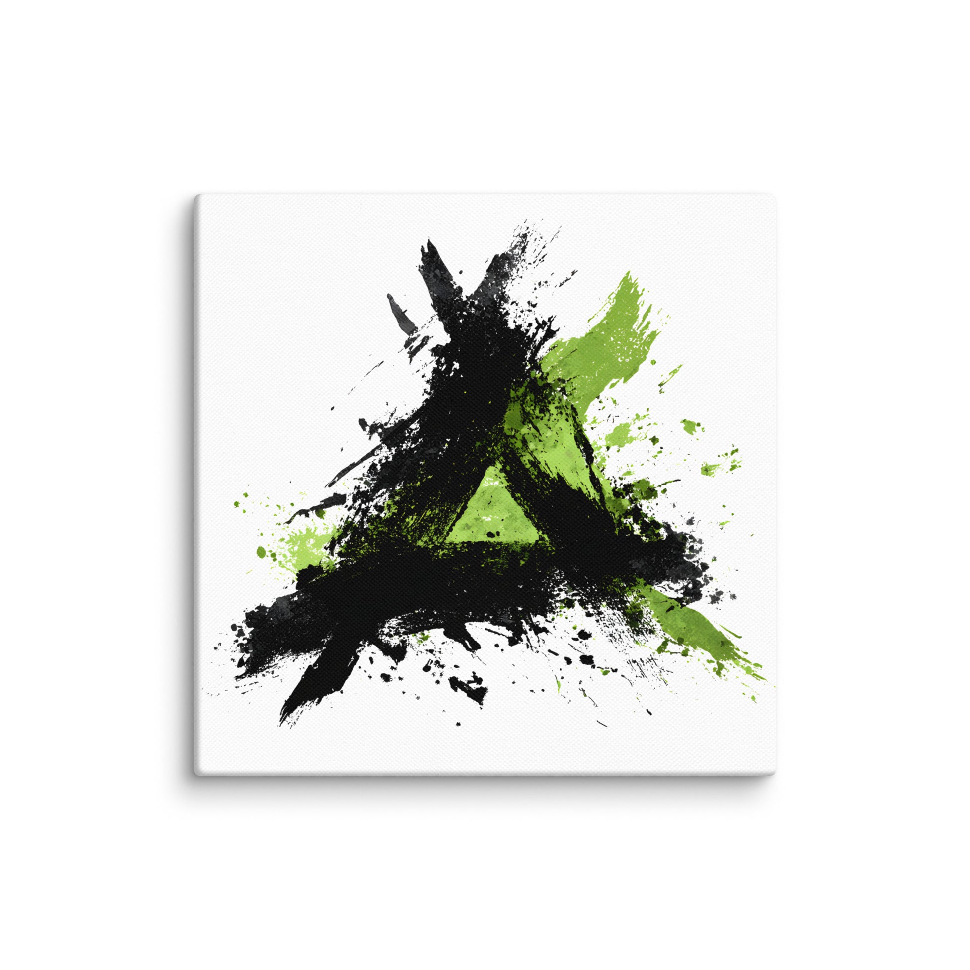 Wandbild Green Triangle No. 01 aus der Kollektion Chaos & Order im Format 12x12 Zoll mit grünem Dreieck, schwarzer Pinselkomposition und abstrakter Tusche-Komposition