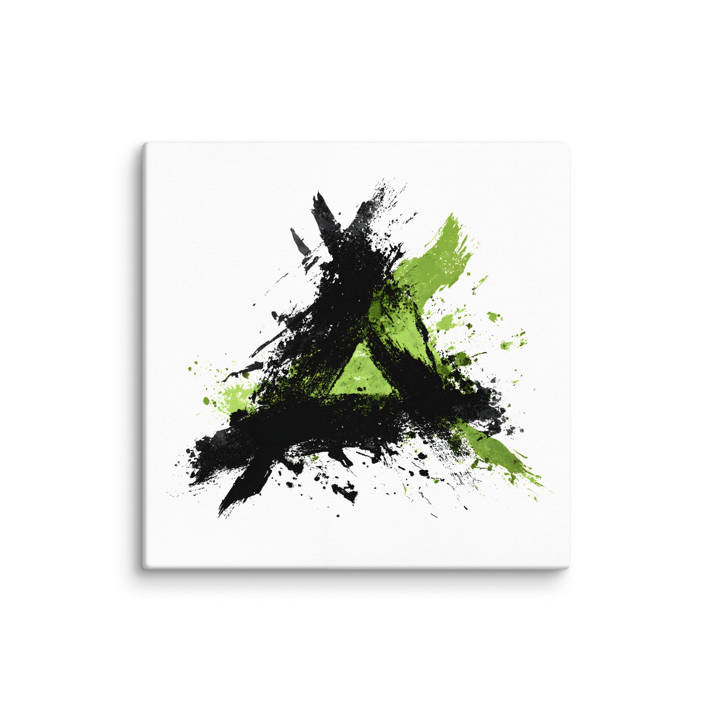 Wandbild Green Triangle No. 01 aus der Kollektion Chaos & Order im Format 30x30 Zoll mit grünem Dreieck, schwarzer Pinselkomposition und abstrakter Tusche-Komposition