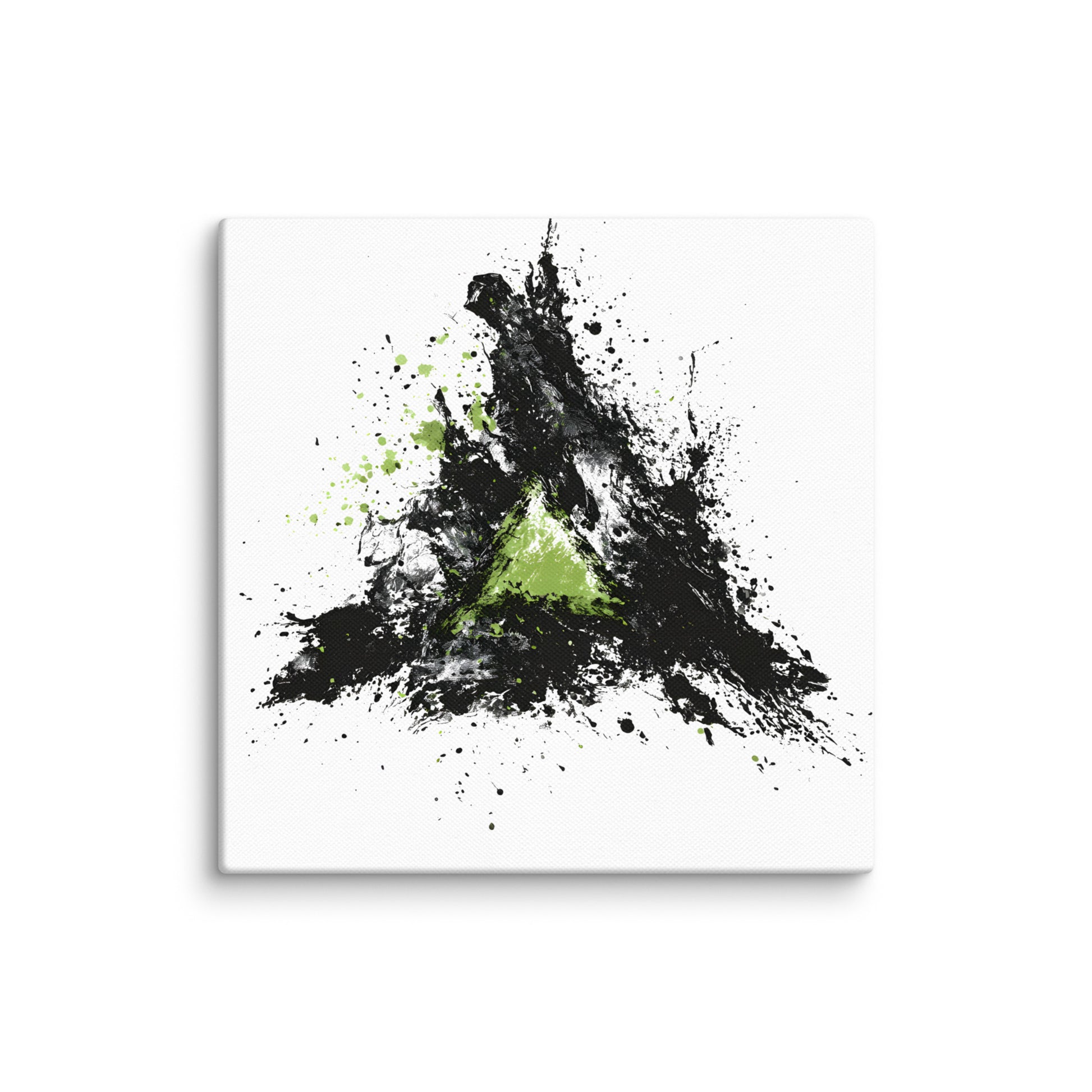 Wandbild Green Triangle No. 02 aus der Kollektion Chaos & Order im Format 12x12 Zoll mit grünem Dreieck, schwarzer Pinselkomposition und abstrakter Tusche-Komposition