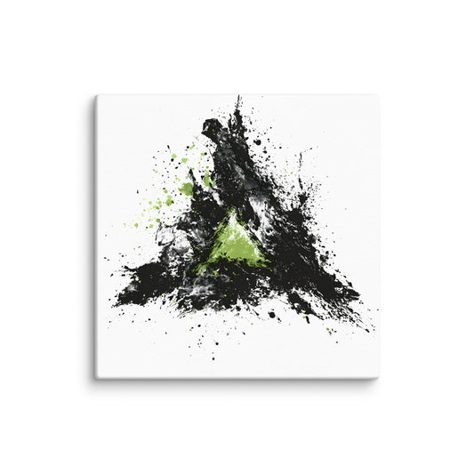 Wandbild Green Triangle No. 02 aus der Kollektion Chaos & Order im Format 12x12 Zoll mit grünem Dreieck, schwarzer Pinselkomposition und abstrakter Tusche-Komposition