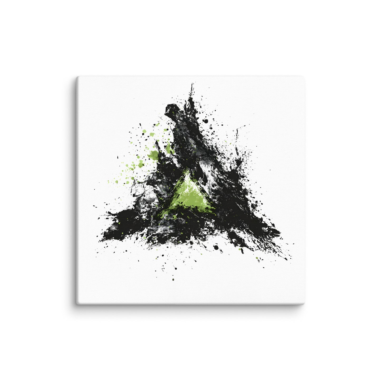 Wandbild Green Triangle No. 02 aus der Kollektion Chaos & Order im Format 30x30 Zoll mit grünem Dreieck, schwarzer Pinselkomposition und abstrakter Tusche-Komposition
