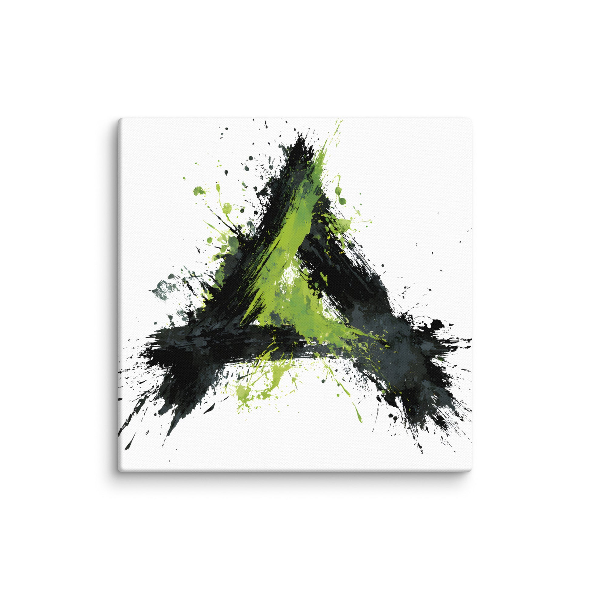 Wandbild Green Triangle No. 03 aus der Kollektion Chaos & Order im Format 12x12 Zoll mit grünem Dreieck, schwarzer Pinselkomposition und abstrakter Tusche-Komposition