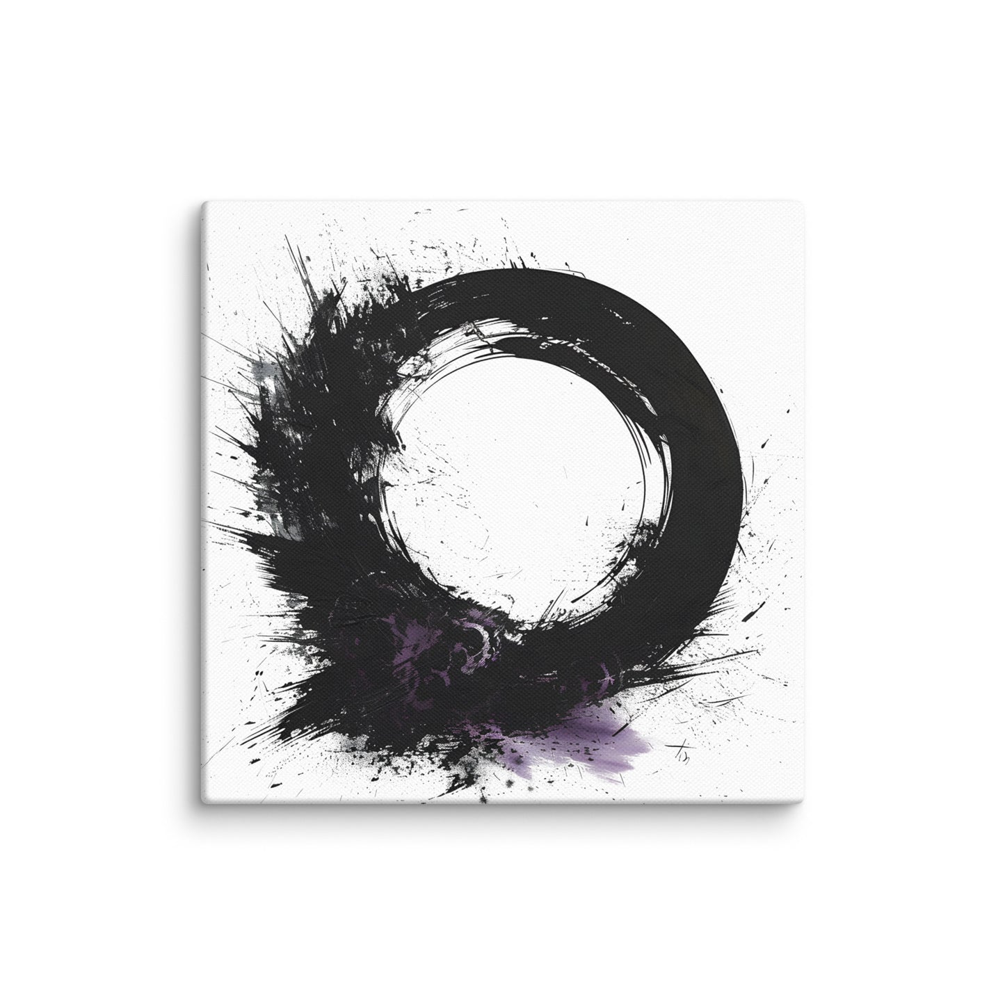 Wandbild Purple Circle No. 01 aus der Kollektion Chaos & Order im Format 12x12 Zoll mit schwarzer Kreisform, violetten Akzenten und abstrakter Tusche-Komposition