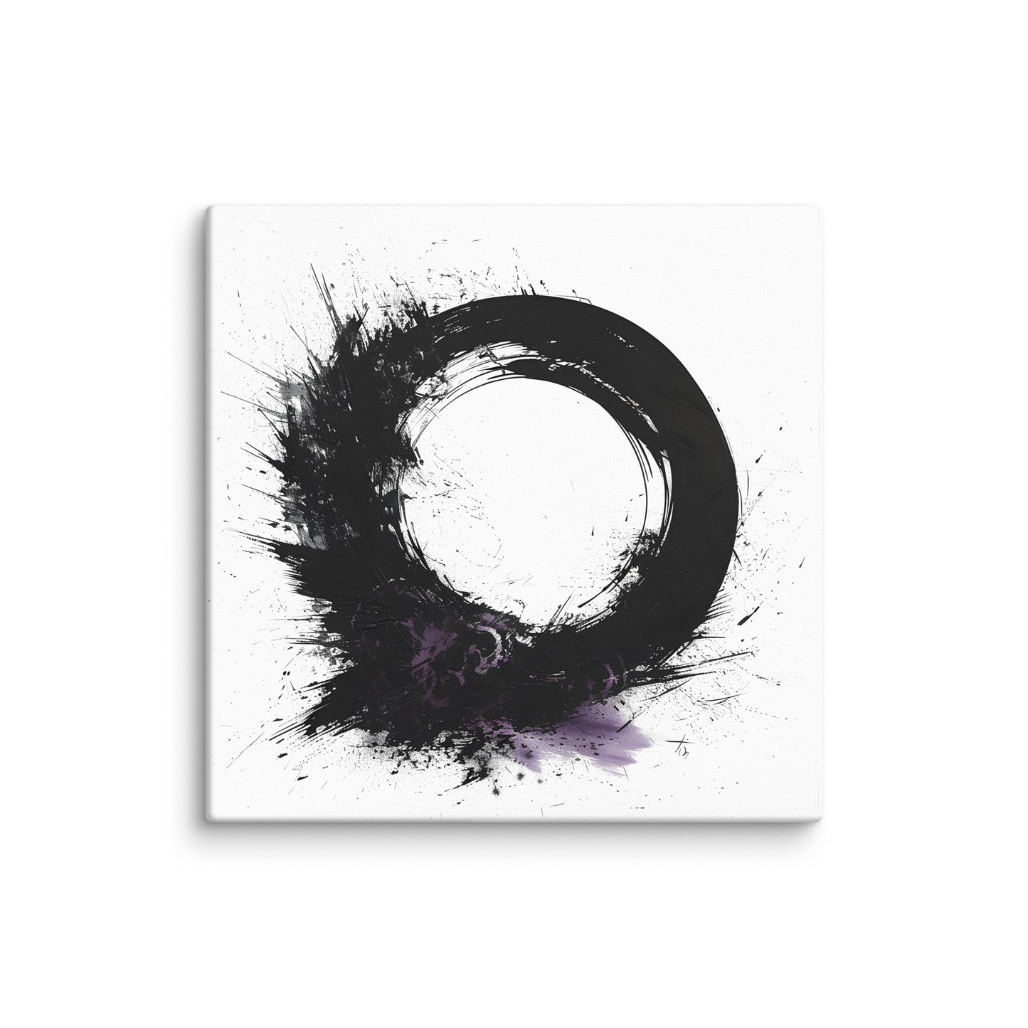 Wandbild Purple Circle No. 01 aus der Kollektion Chaos & Order im Format 36x36 Zoll mit schwarzer Kreisform, violetten Akzenten und abstrakter Tusche-Komposition