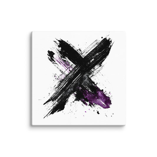 Wandbild Purple Cross No. 01 aus der Kollektion Chaos & Order im Format 12x12 Zoll mit violettem Kreuz, schwarzer Pinselkomposition und abstrakter Tusche-Komposition