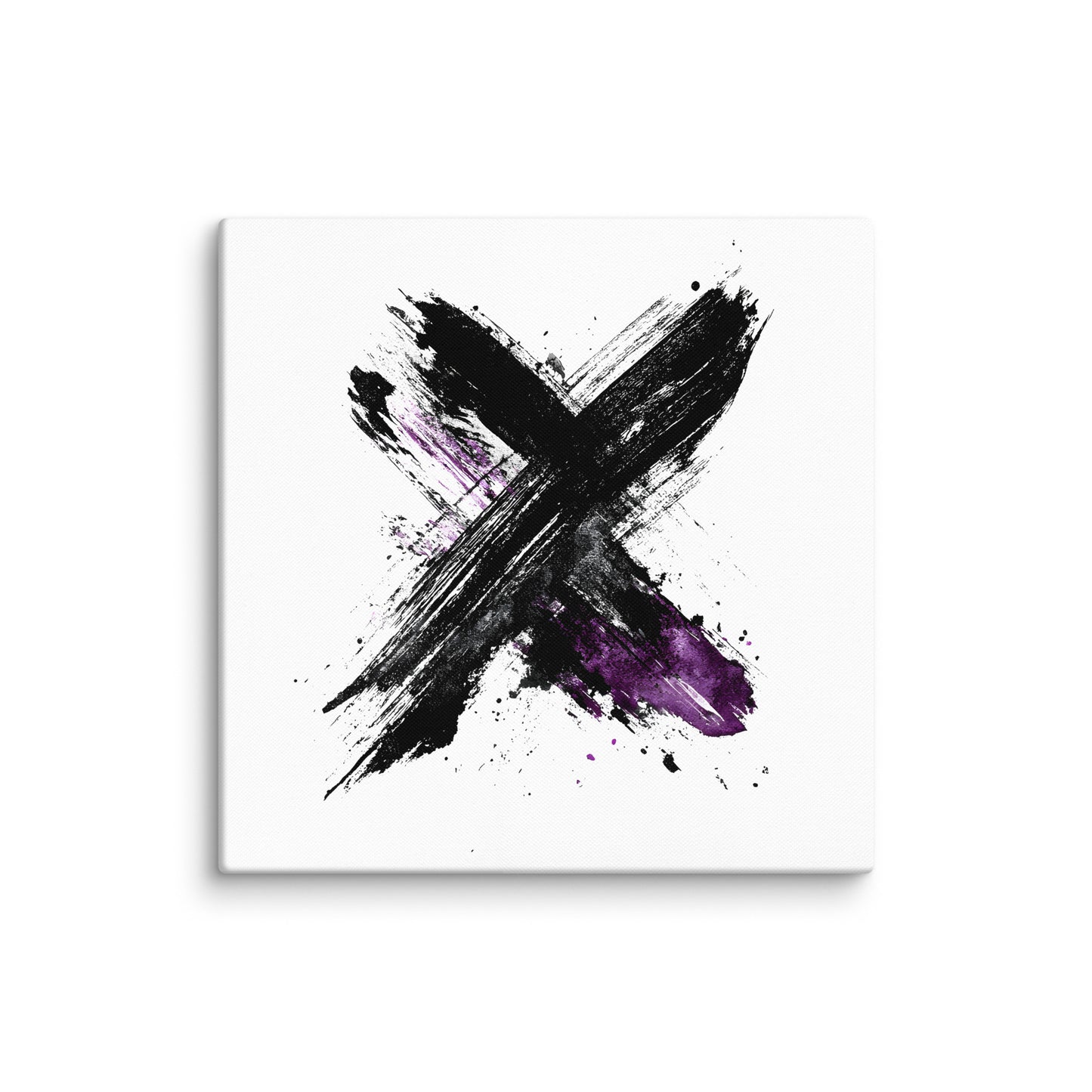 Wandbild Purple Cross No. 01 aus der Kollektion Chaos & Order im Format 36x36 Zoll mit violettem Kreuz, schwarzer Pinselkomposition und abstrakter Tusche-Komposition
