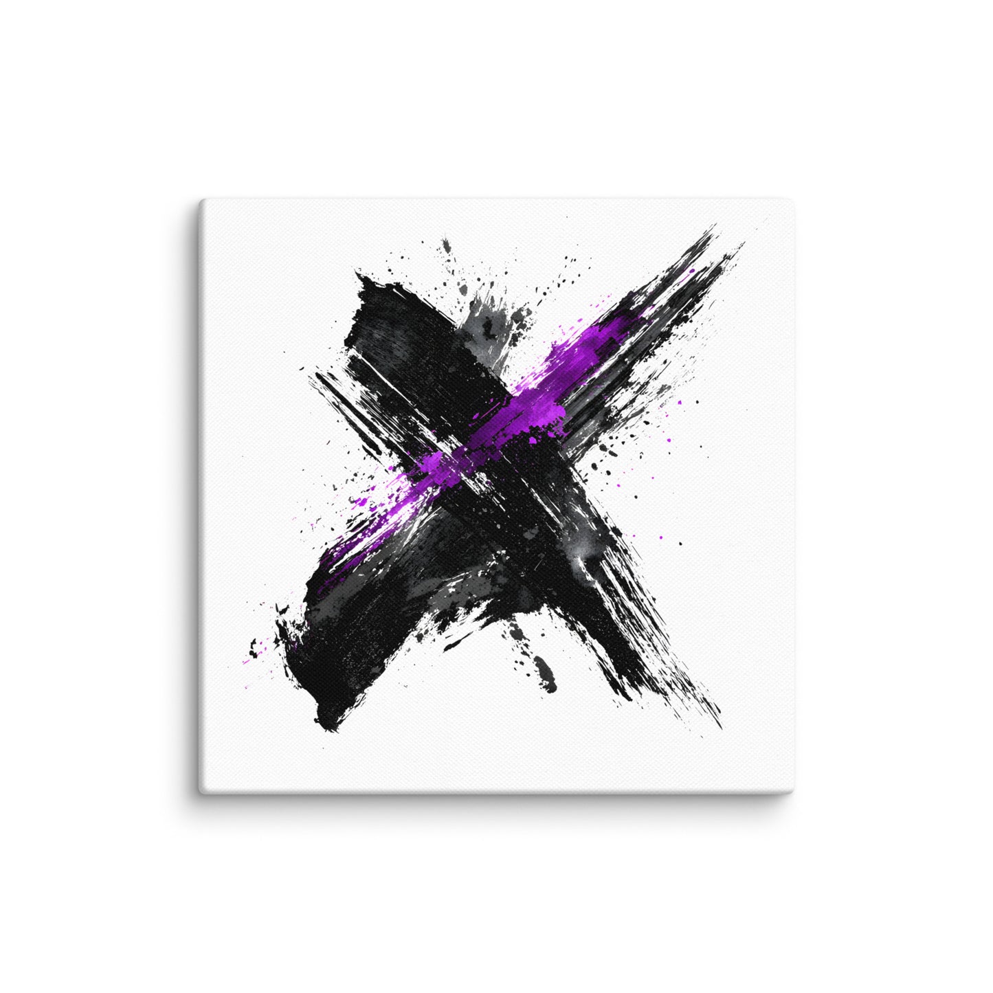 Wandbild Purple Cross No. 02 aus der Kollektion Chaos & Order im Format 12x12 Zoll mit violettem Kreuz, schwarzer Pinselkomposition und abstrakter Tusche-Komposition
