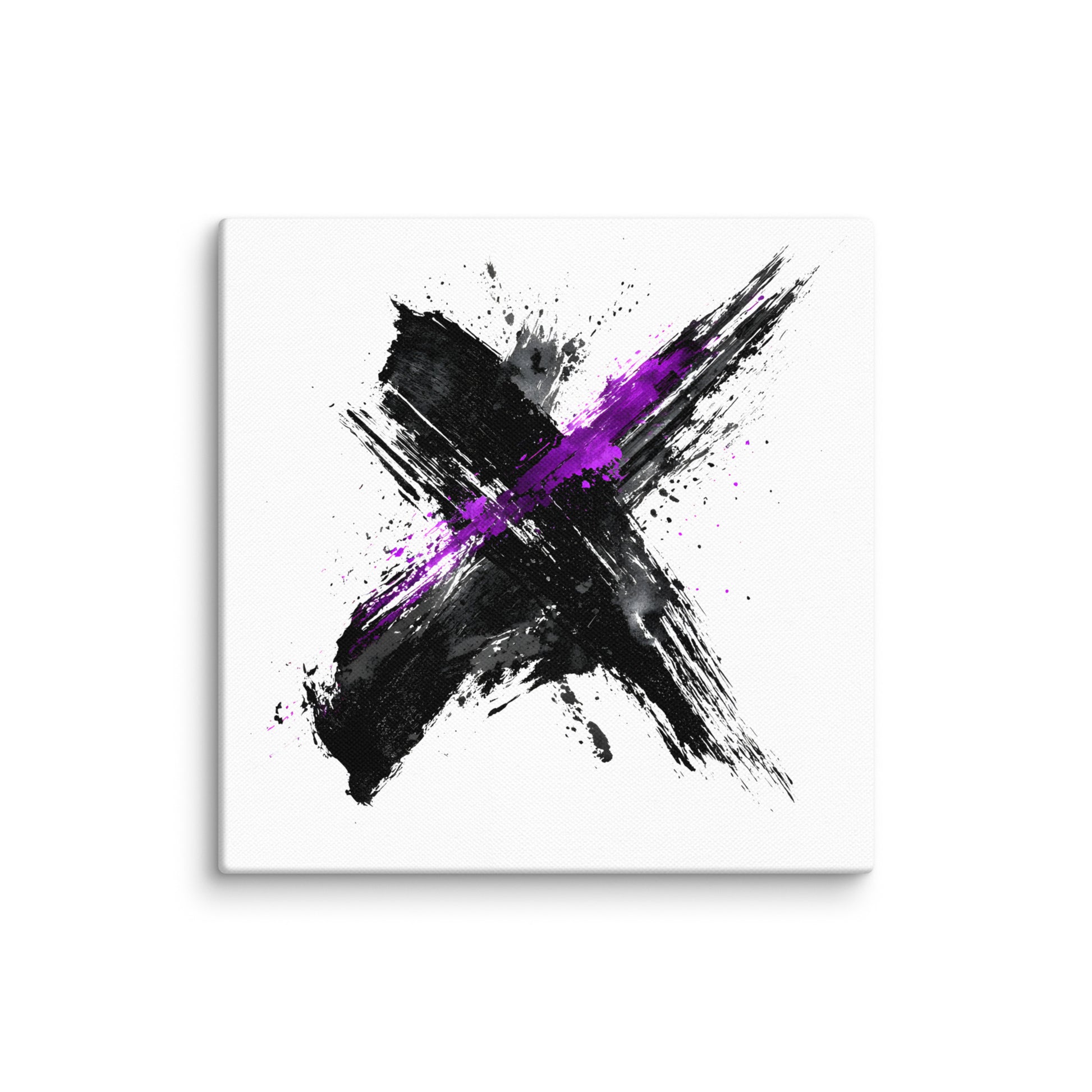 Wandbild Purple Cross No. 02 aus der Kollektion Chaos & Order im Format 12x12 Zoll mit violettem Kreuz, schwarzer Pinselkomposition und abstrakter Tusche-Komposition