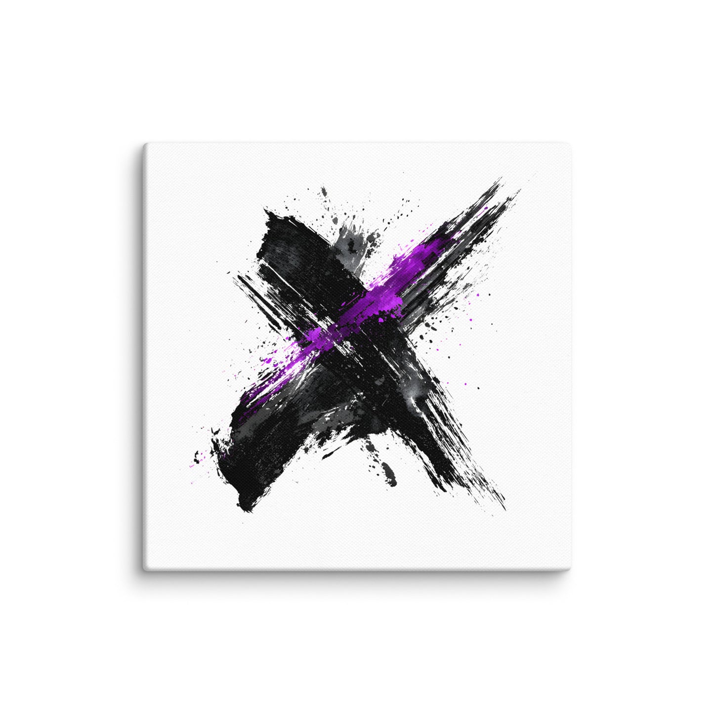 Wandbild Purple Cross No. 02 aus der Kollektion Chaos & Order im Format 16x16 Zoll mit violettem Kreuz, schwarzer Pinselkomposition und abstrakter Tusche-Komposition