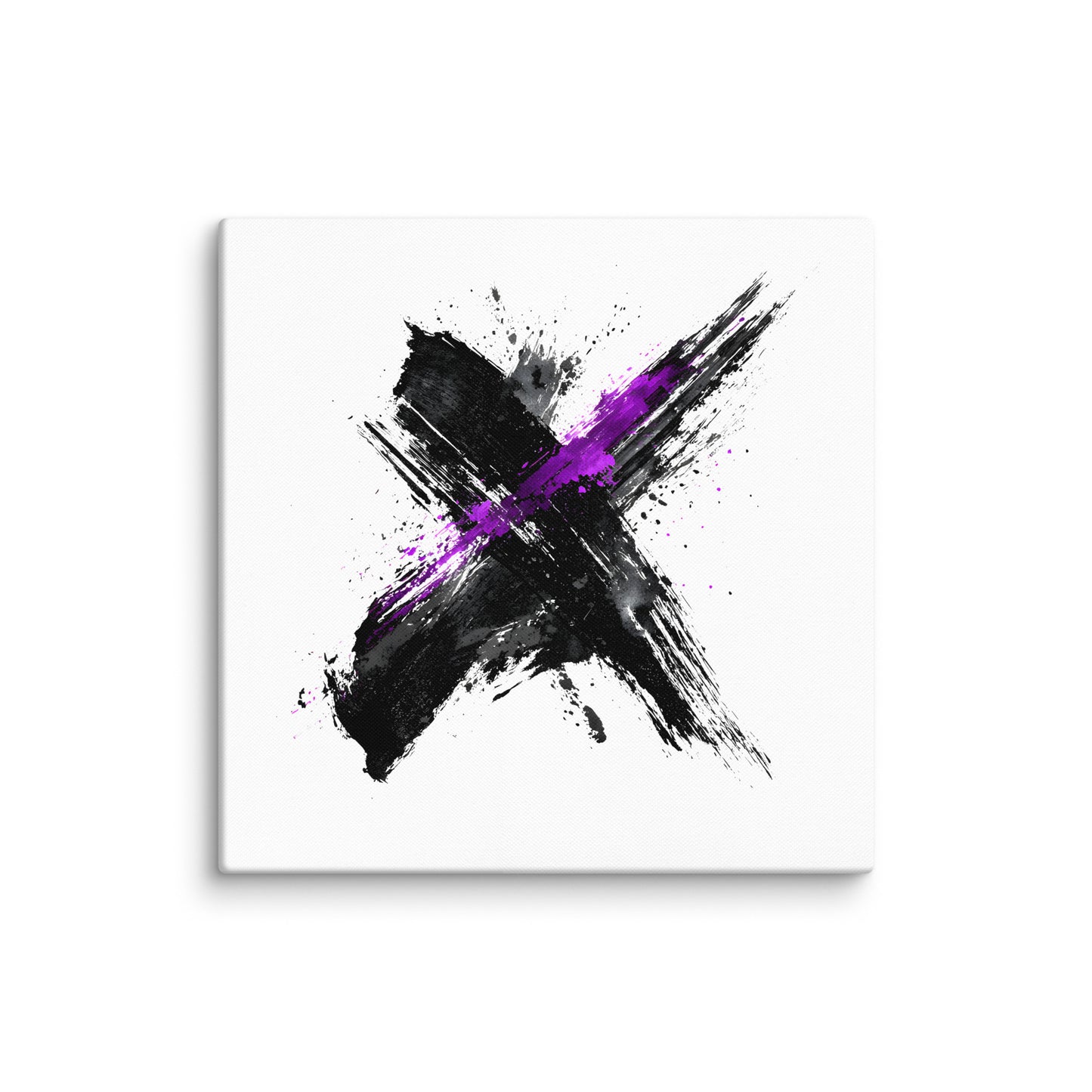Wandbild Purple Cross No. 02 aus der Kollektion Chaos & Order im Format 24x24 Zoll mit violettem Kreuz, schwarzer Pinselkomposition und abstrakter Tusche-Komposition
