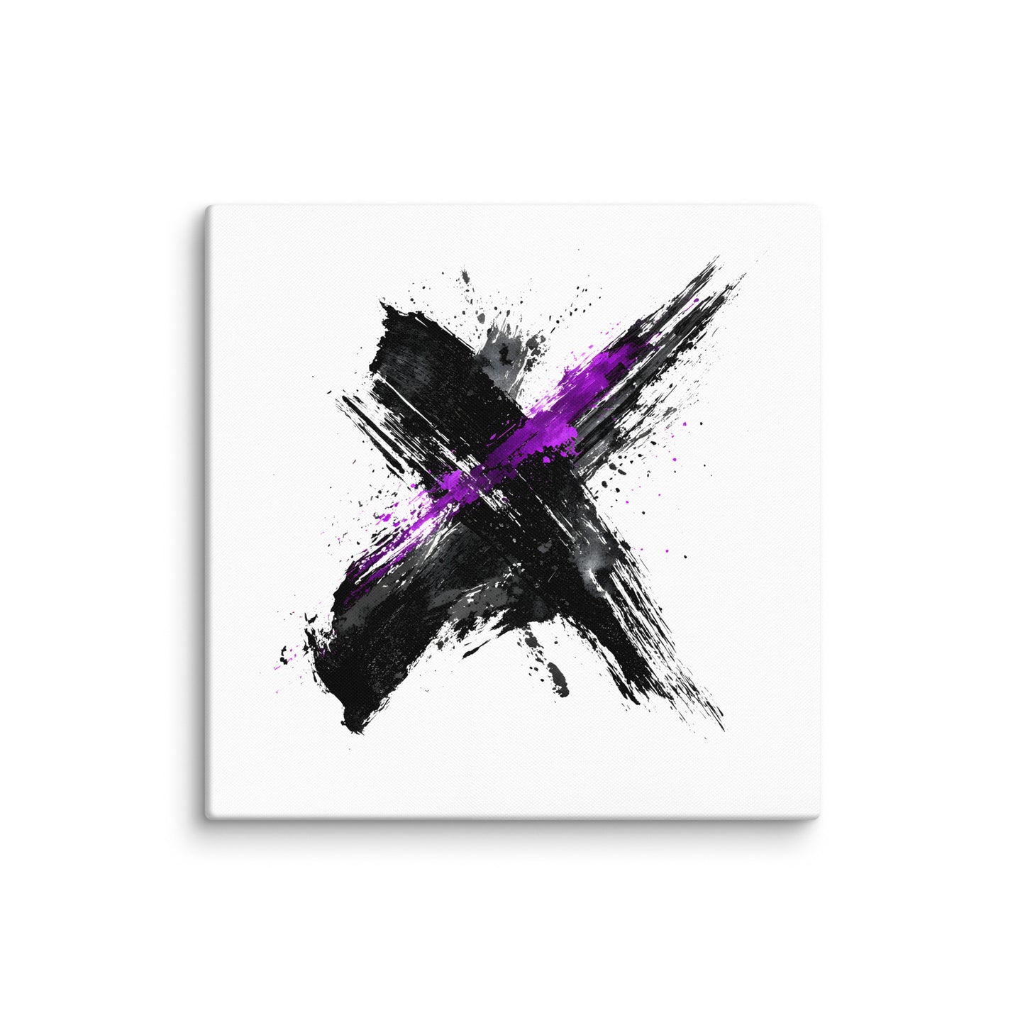 Wandbild Purple Cross No. 02 aus der Kollektion Chaos & Order im Format 30x30 Zoll mit violettem Kreuz, schwarzer Pinselkomposition und abstrakter Tusche-Komposition