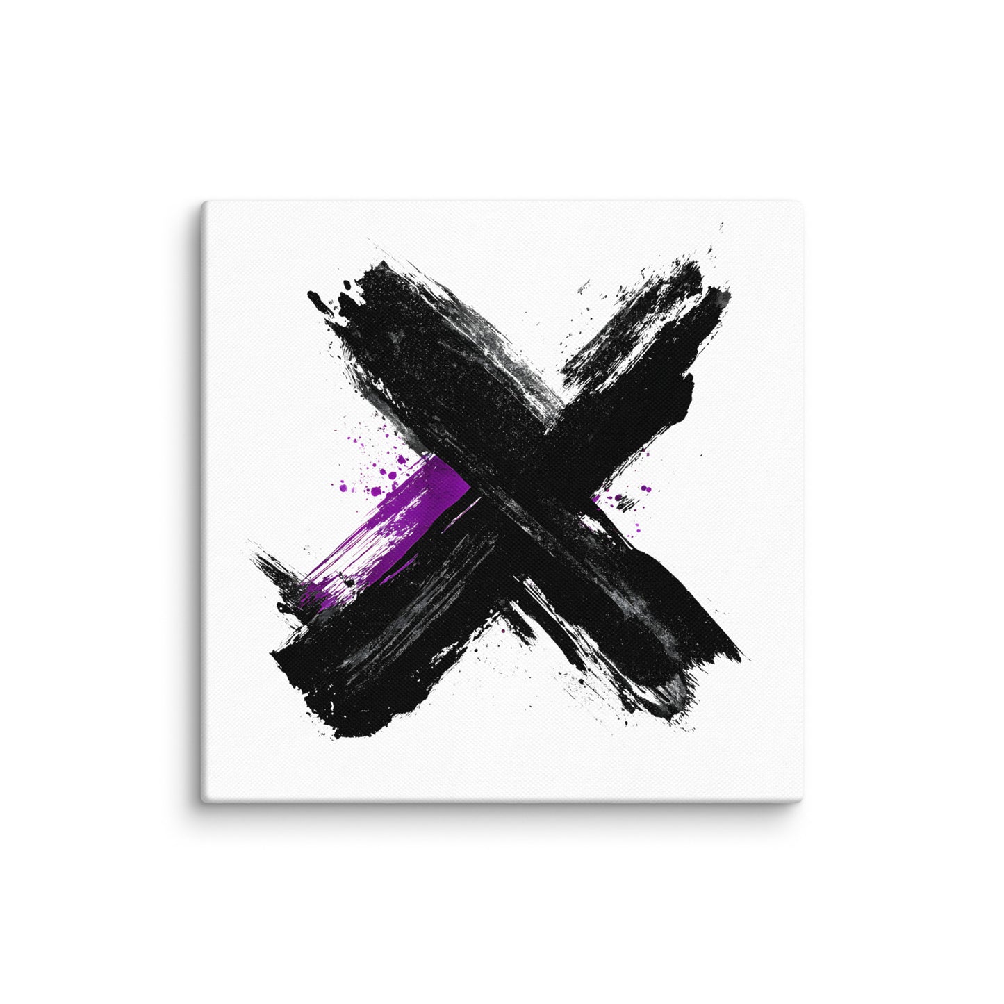 Wandbild Purple Cross No. 03 aus der Kollektion Chaos & Order im Format 16x16 Zoll mit violettem Kreuz, schwarzer Pinselkomposition und abstrakter Tusche-Komposition