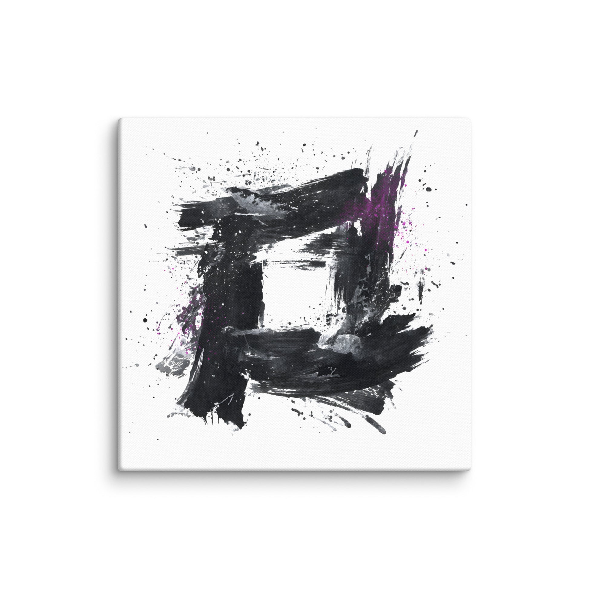 Wandbild Purple Square No. 01 aus der Kollektion Chaos & Order im Format 12x12 Zoll mit violettem Quadrat, schwarzer Quadratstruktur und abstrakter Tusche-Komposition