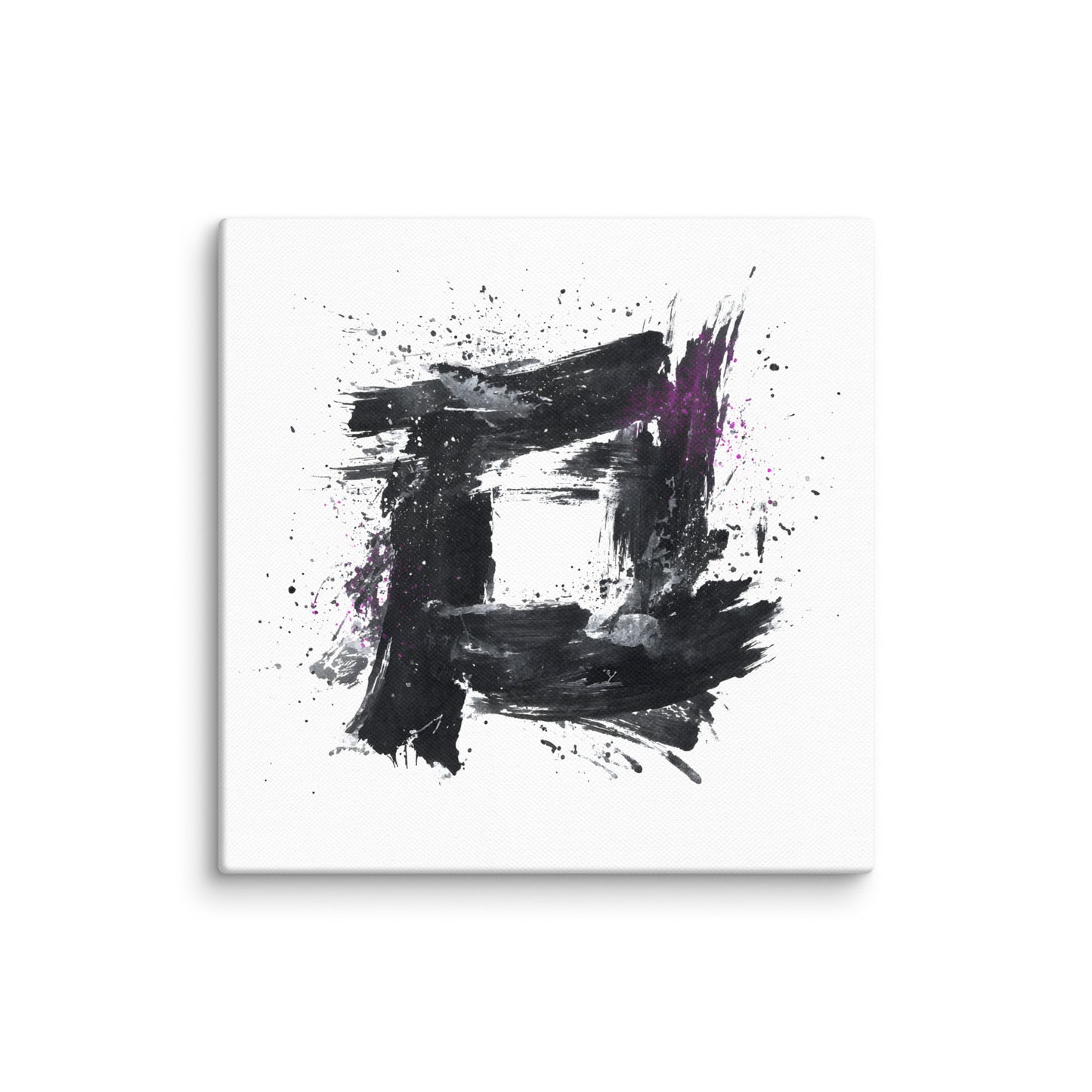 Wandbild Purple Square No. 01 aus der Kollektion Chaos & Order im Format 16x16 Zoll mit violettem Quadrat, schwarzer Quadratstruktur und abstrakter Tusche-Komposition