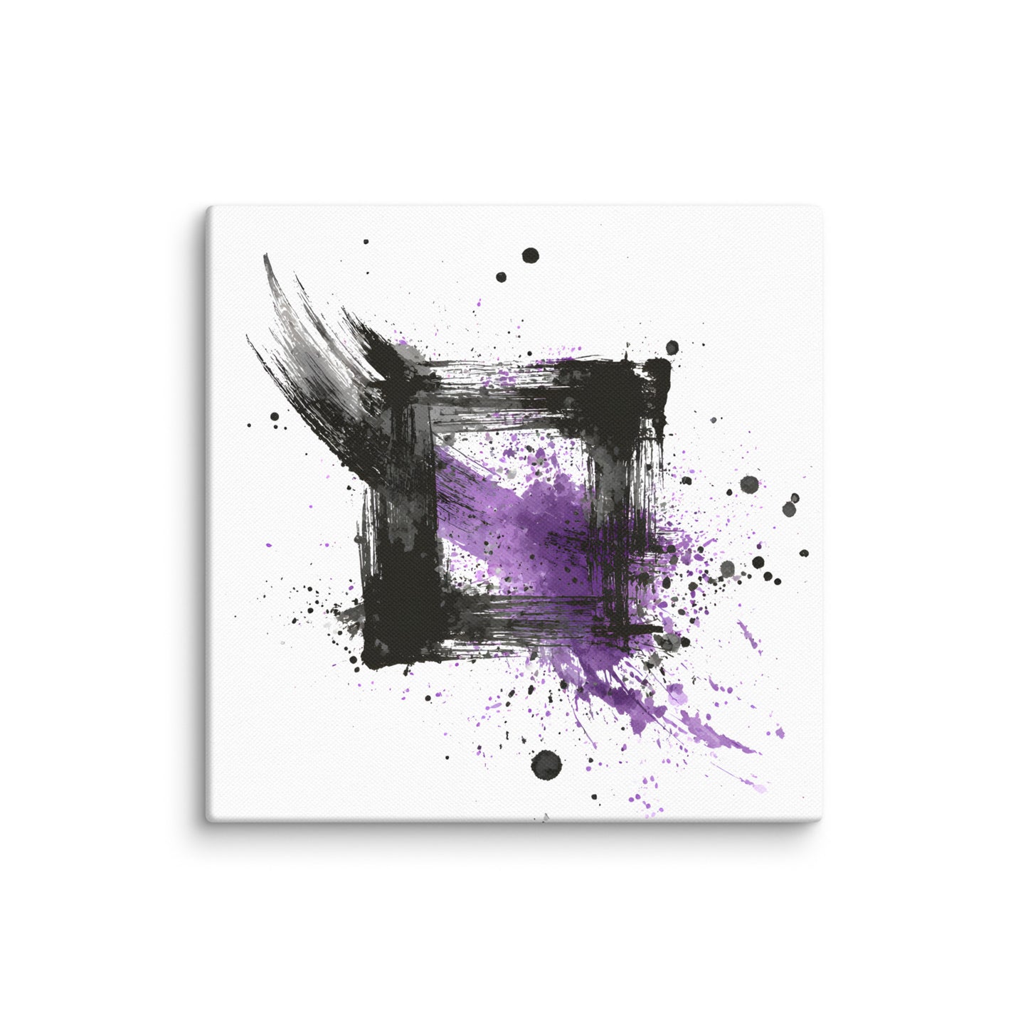 Wandbild Purple Square No. 02 aus der Kollektion Chaos & Order im Format 12x12 Zoll mit violettem Quadrat, schwarzer Quadratstruktur und abstrakter Tusche-Komposition