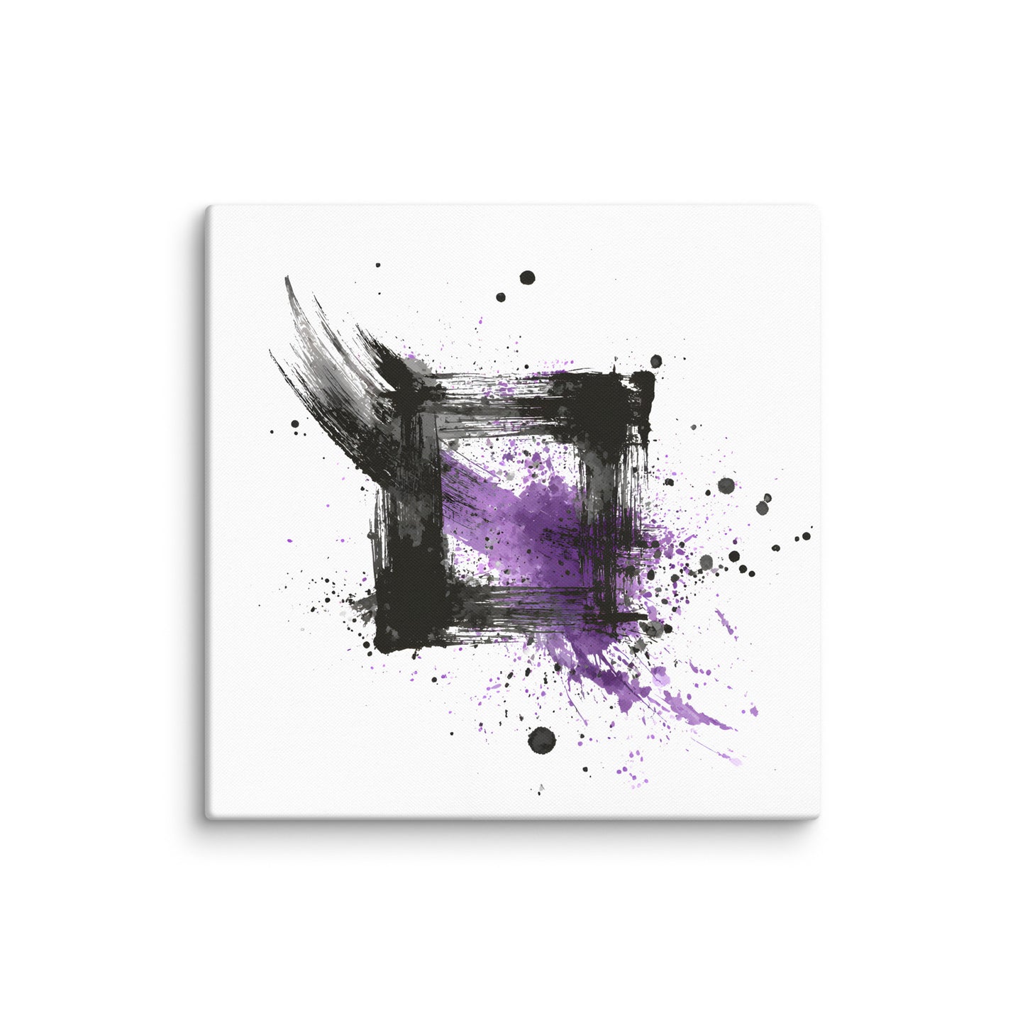 Wandbild Purple Square No. 02 aus der Kollektion Chaos & Order im Format 30x30 Zoll mit violettem Quadrat, schwarzer Quadratstruktur und abstrakter Tusche-Komposition