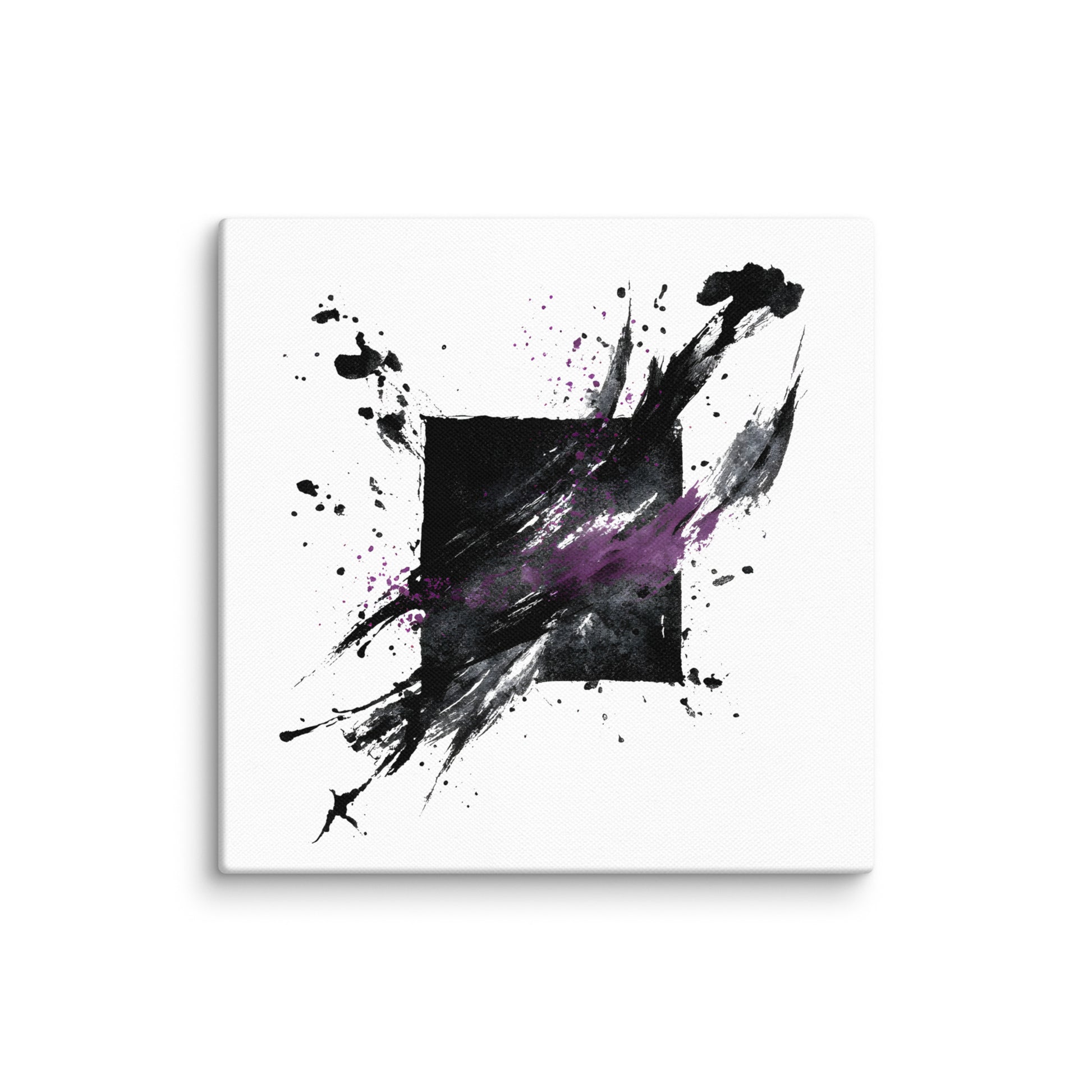 Wandbild Purple Square No. 03 aus der Kollektion Chaos & Order im Format 12x12 Zoll mit violettem Quadrat, schwarzer Quadratstruktur und abstrakter Tusche-Komposition