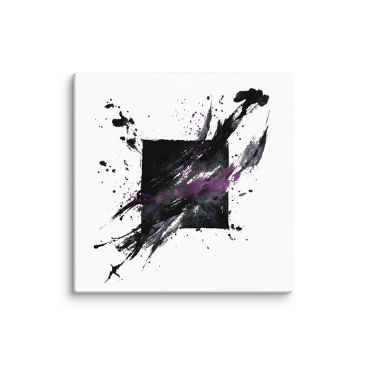 Wandbild Purple Square No. 03 aus der Kollektion Chaos & Order im Format 12x12 Zoll mit violettem Quadrat, schwarzer Quadratstruktur und abstrakter Tusche-Komposition