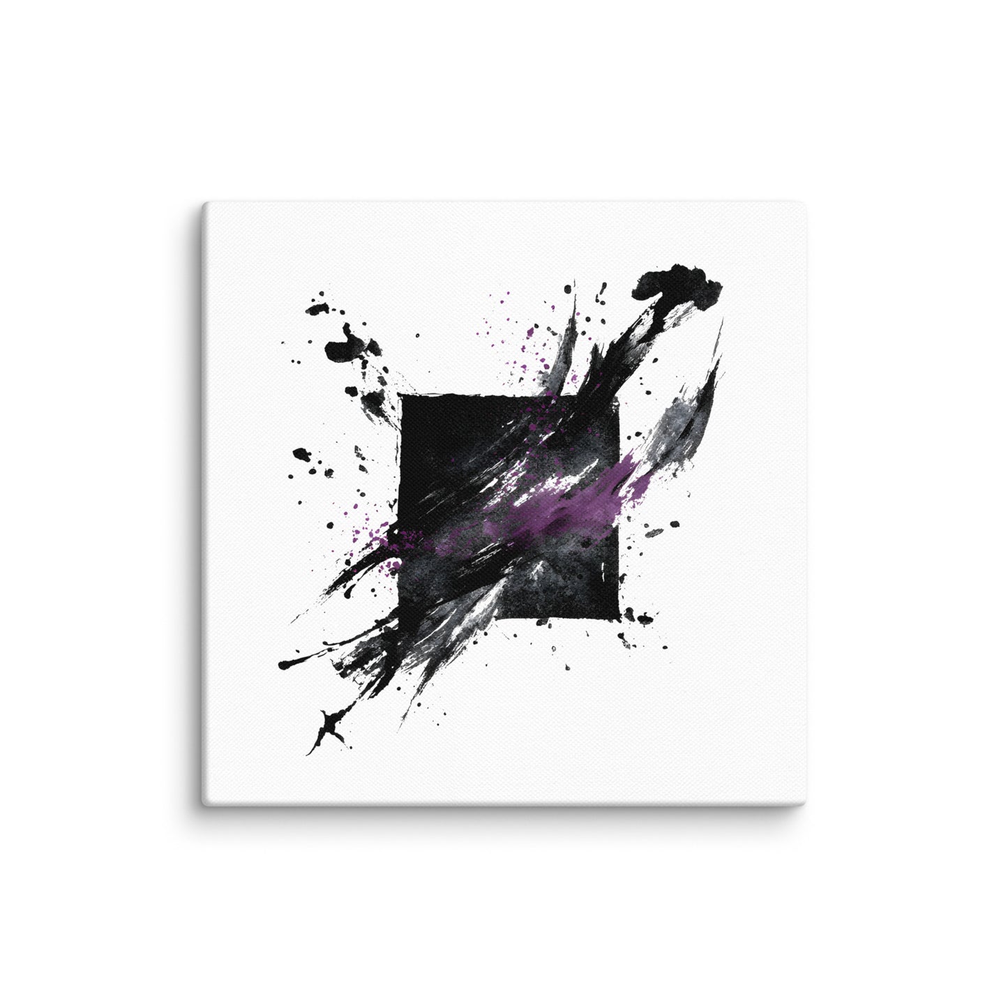 Wandbild Purple Square No. 03 aus der Kollektion Chaos & Order im Format 16x16 Zoll mit violettem Quadrat, schwarzer Quadratstruktur und abstrakter Tusche-Komposition