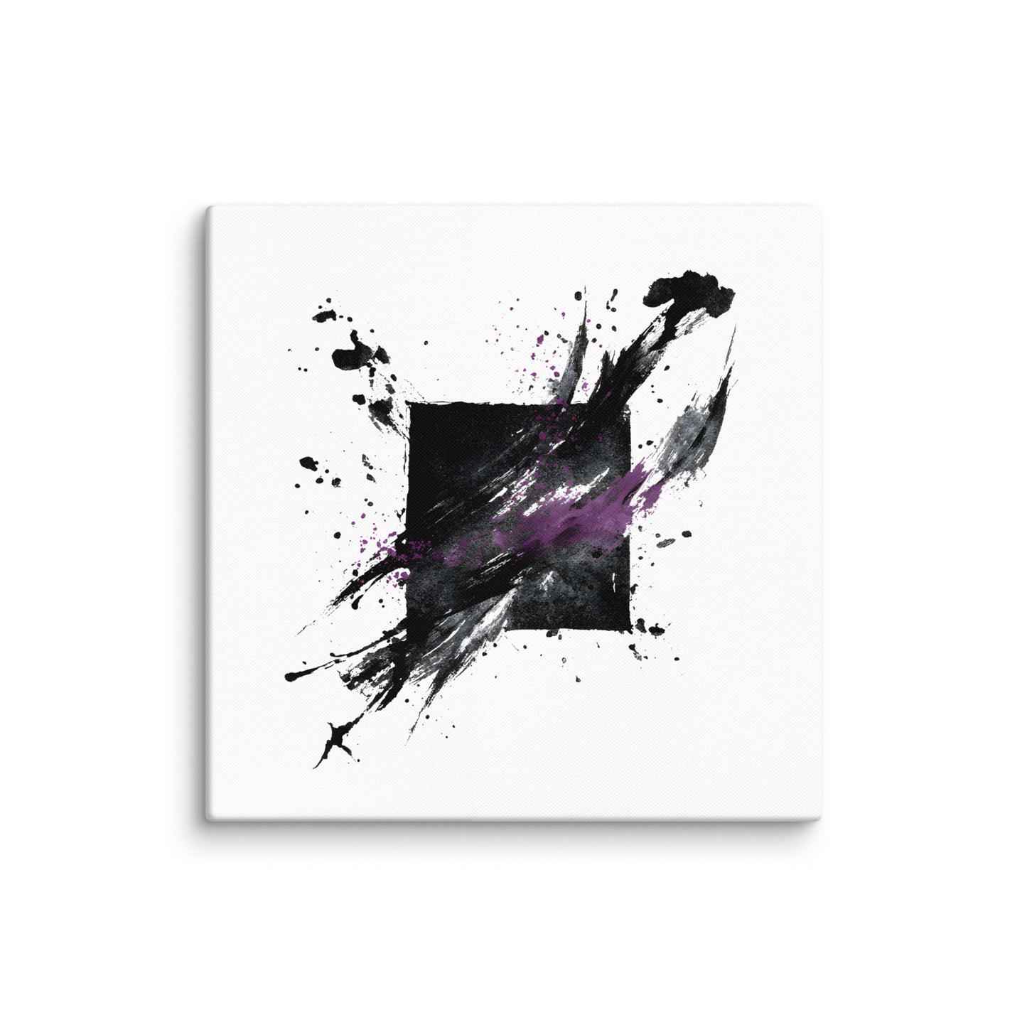 Wandbild Purple Square No. 03 aus der Kollektion Chaos & Order im Format 20x20 Zoll mit violettem Quadrat, schwarzer Quadratstruktur und abstrakter Tusche-Komposition