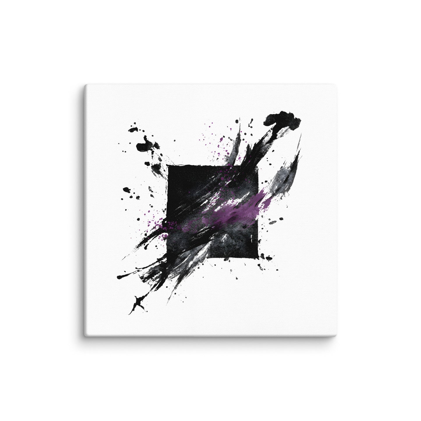 Wandbild Purple Square No. 03 aus der Kollektion Chaos & Order im Format 30x30 Zoll mit violettem Quadrat, schwarzer Quadratstruktur und abstrakter Tusche-Komposition