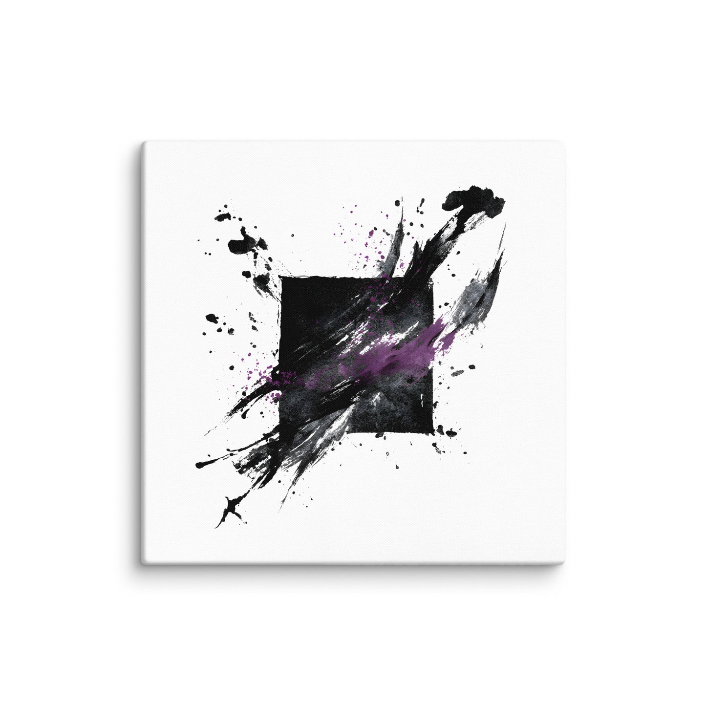 Wandbild Purple Square No. 03 aus der Kollektion Chaos & Order im Format 36x36 Zoll mit violettem Quadrat, schwarzer Quadratstruktur und abstrakter Tusche-Komposition