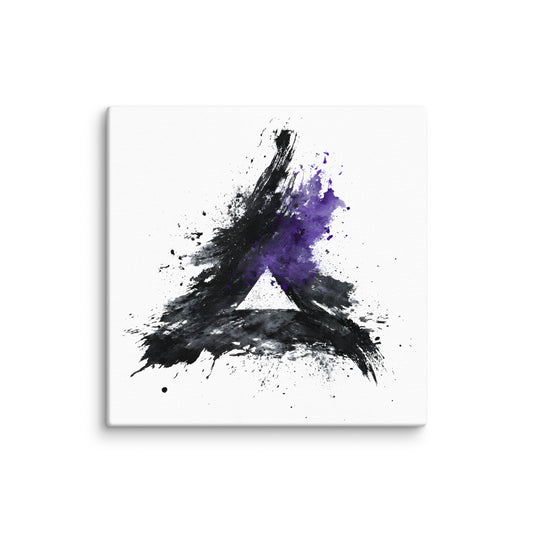 Wandbild Purple Triangle No. 01 aus der Kollektion Chaos & Order im Format 12x12 Zoll mit violettem Dreieck, schwarzer Pinselkomposition und abstrakter Tusche-Komposition