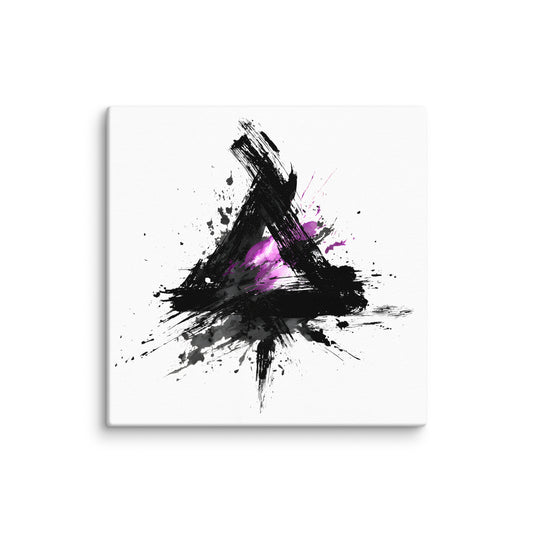 Wandbild Purple Triangle No. 02 aus der Kollektion Chaos & Order im Format 12x12 Zoll mit violettem Dreieck, schwarzer Pinselkomposition und abstrakter Tusche-Komposition