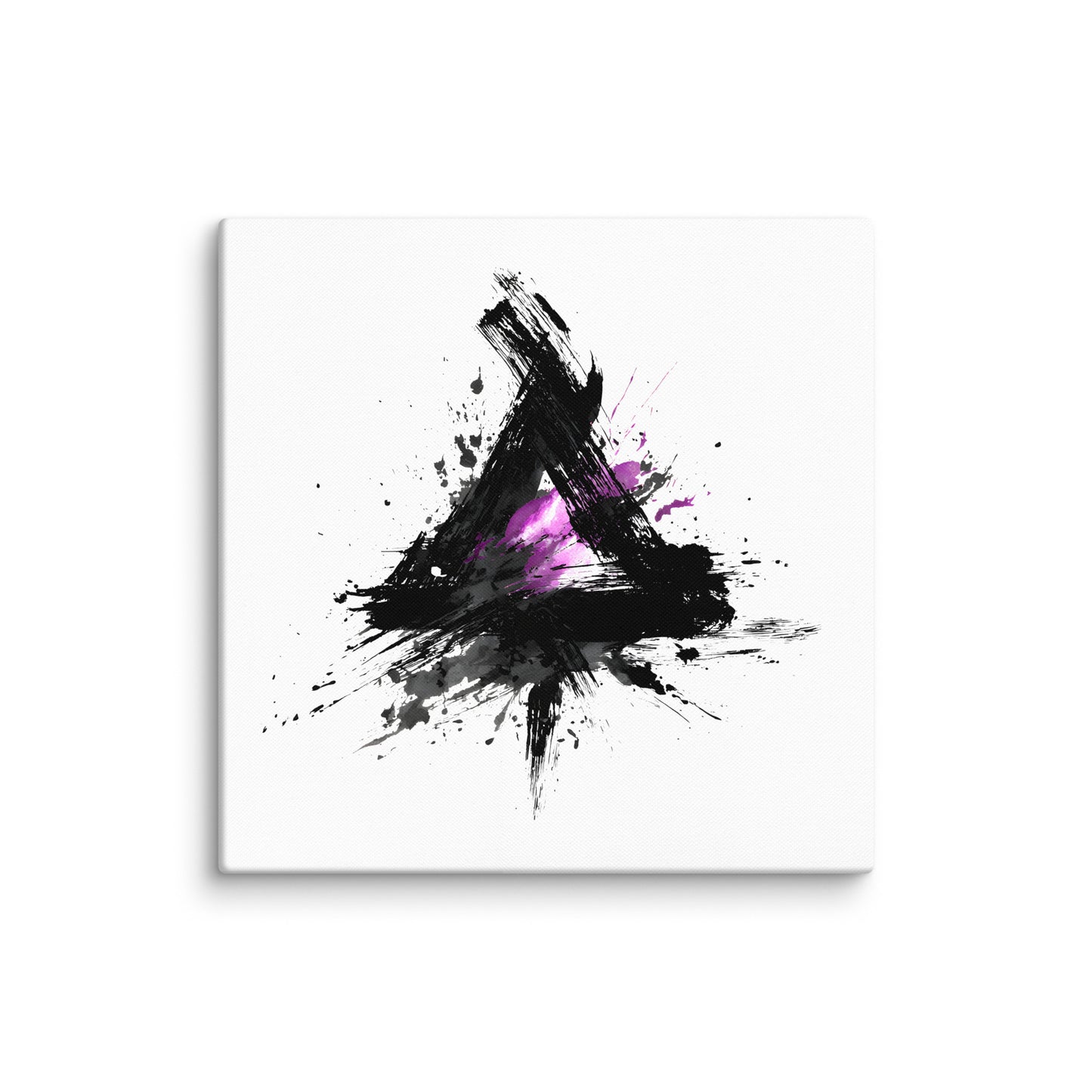Wandbild Purple Triangle No. 02 aus der Kollektion Chaos & Order im Format 24x24 Zoll mit violettem Dreieck, schwarzer Pinselkomposition und abstrakter Tusche-Komposition