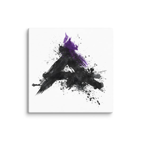 Wandbild Purple Triangle No. 03 aus der Kollektion Chaos & Order im Format 12x12 Zoll mit violettem Dreieck, schwarzer Pinselkomposition und abstrakter Tusche-Komposition