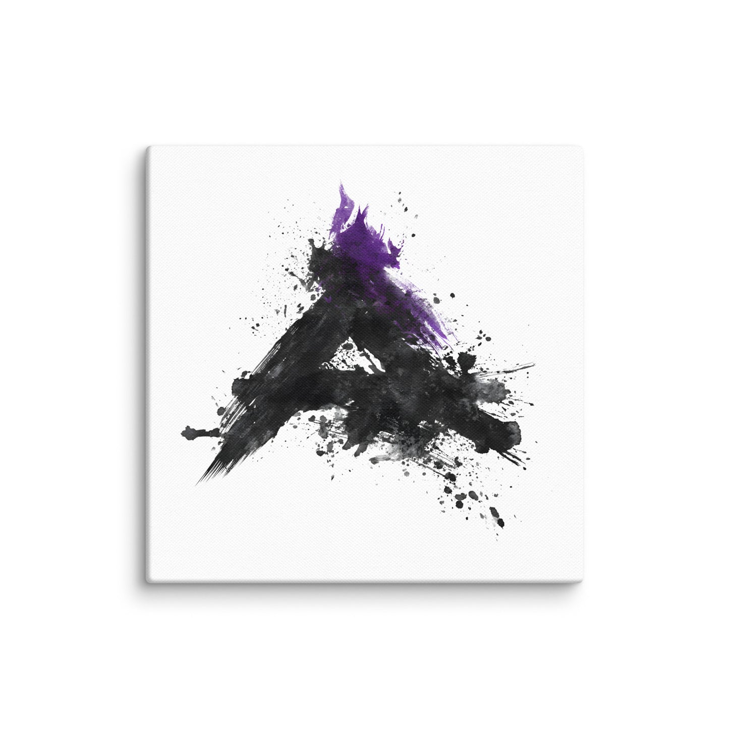 Wandbild Purple Triangle No. 03 aus der Kollektion Chaos & Order im Format 16x16 Zoll mit violettem Dreieck, schwarzer Pinselkomposition und abstrakter Tusche-Komposition