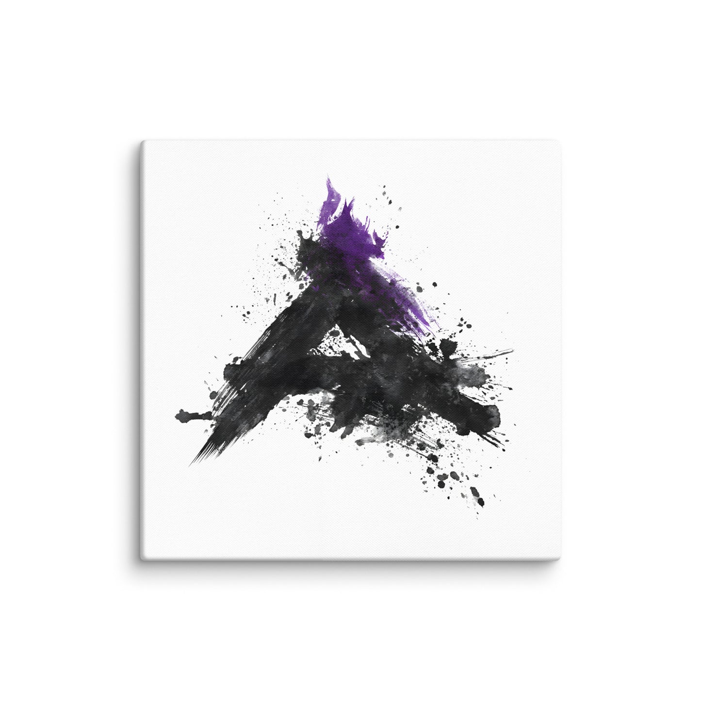 Wandbild Purple Triangle No. 03 aus der Kollektion Chaos & Order im Format 20x20 Zoll mit violettem Dreieck, schwarzer Pinselkomposition und abstrakter Tusche-Komposition