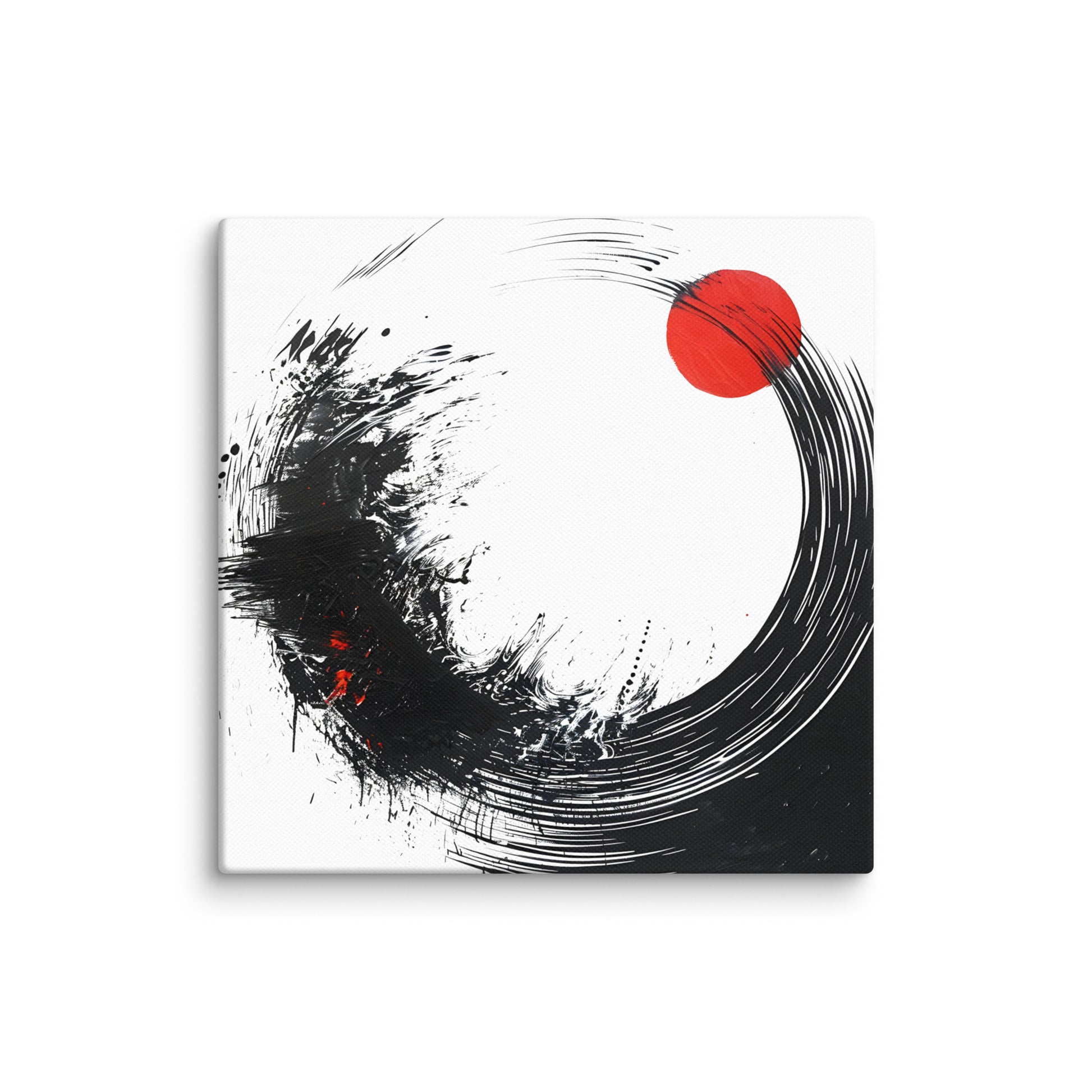 Wandbild Red Circle No. 01 aus der Kollektion Chaos & Order im Format 12x12 Zoll mit rotem Kreis, schwarzer Pinsel-Kreisform und abstrakter Tusche-Komposition