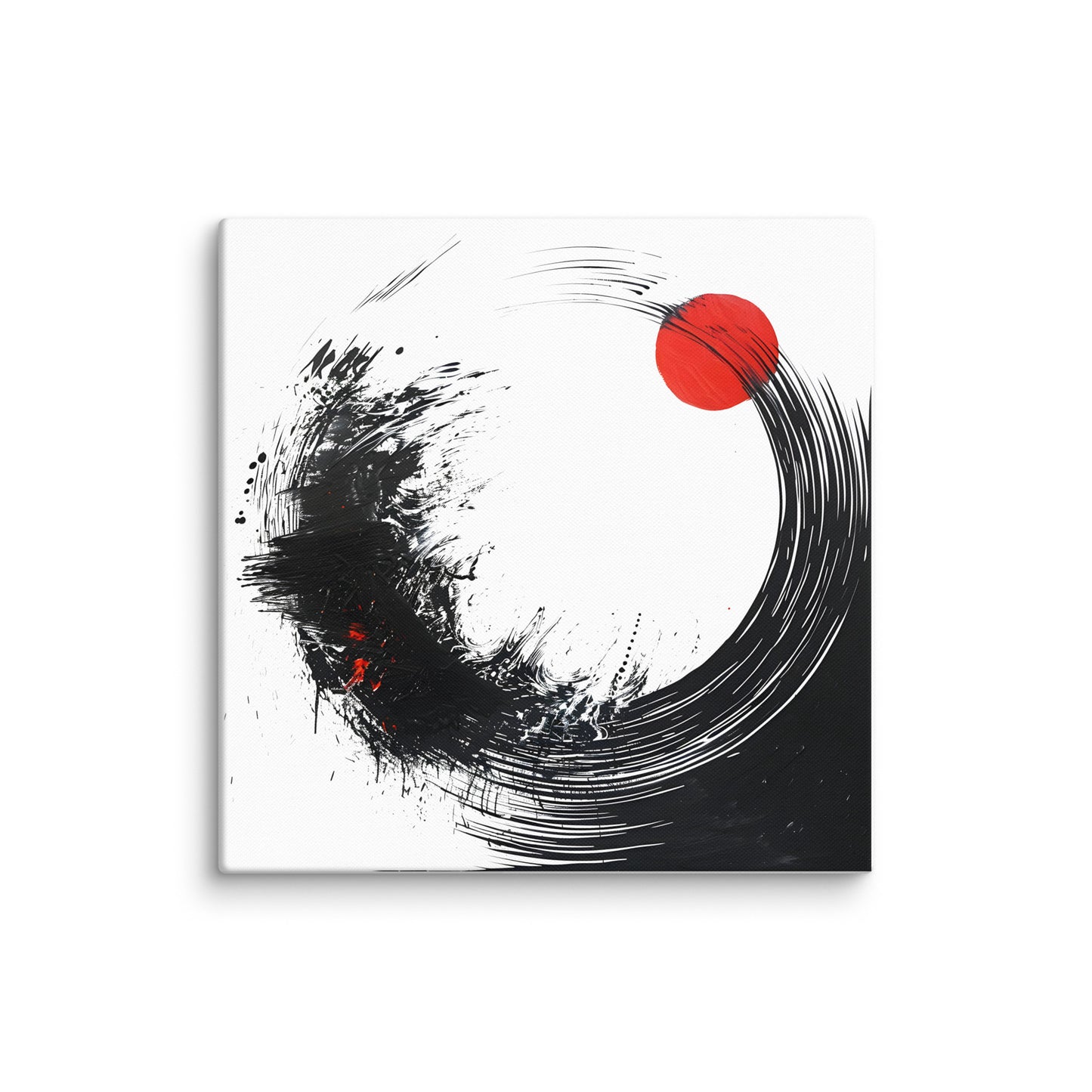 Wandbild Red Circle No. 01 aus der Kollektion Chaos & Order im Format 24x24 Zoll mit rotem Kreis, schwarzer Pinsel-Kreisform und abstrakter Tusche-Komposition