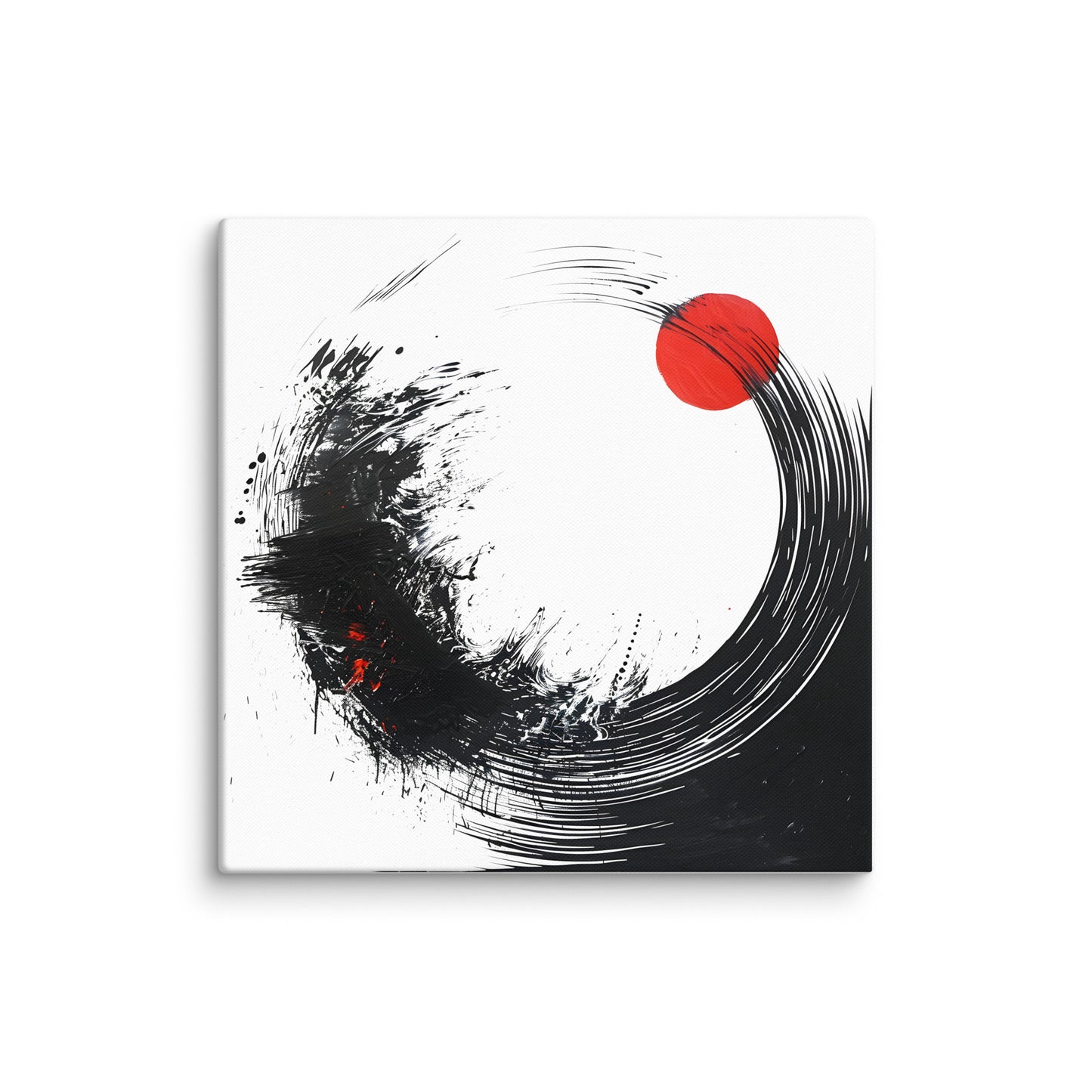 Wandbild Red Circle No. 01 aus der Kollektion Chaos & Order im Format 36x36 Zoll mit rotem Kreis, schwarzer Pinsel-Kreisform und abstrakter Tusche-Komposition