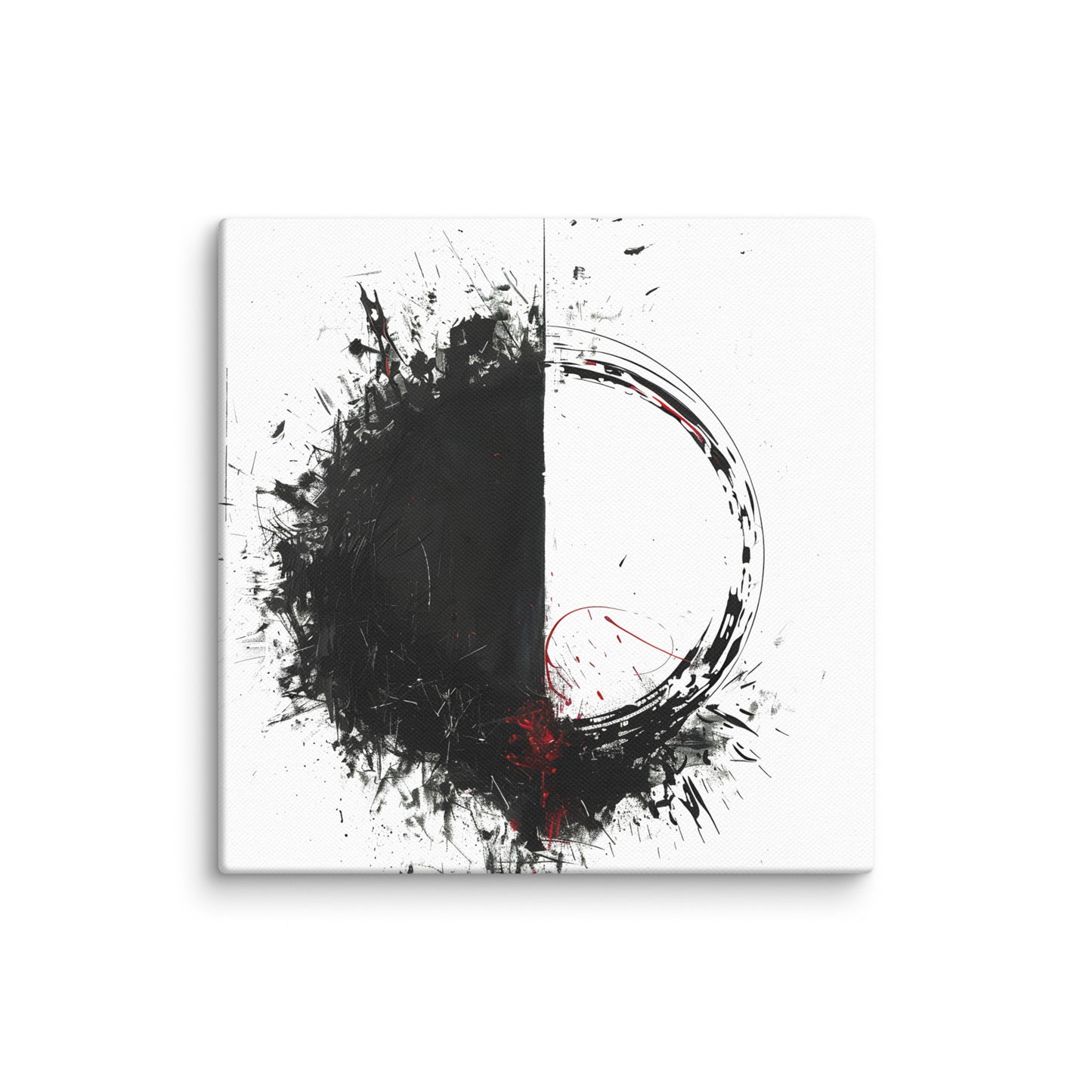 Wandbild Red Circle No. 02 aus der Kollektion Chaos & Order im Format 12x12 Zoll mit schwarzer Flaeche, offener Kreisform und roten Akzenten in abstrakter Tusche-Komposition