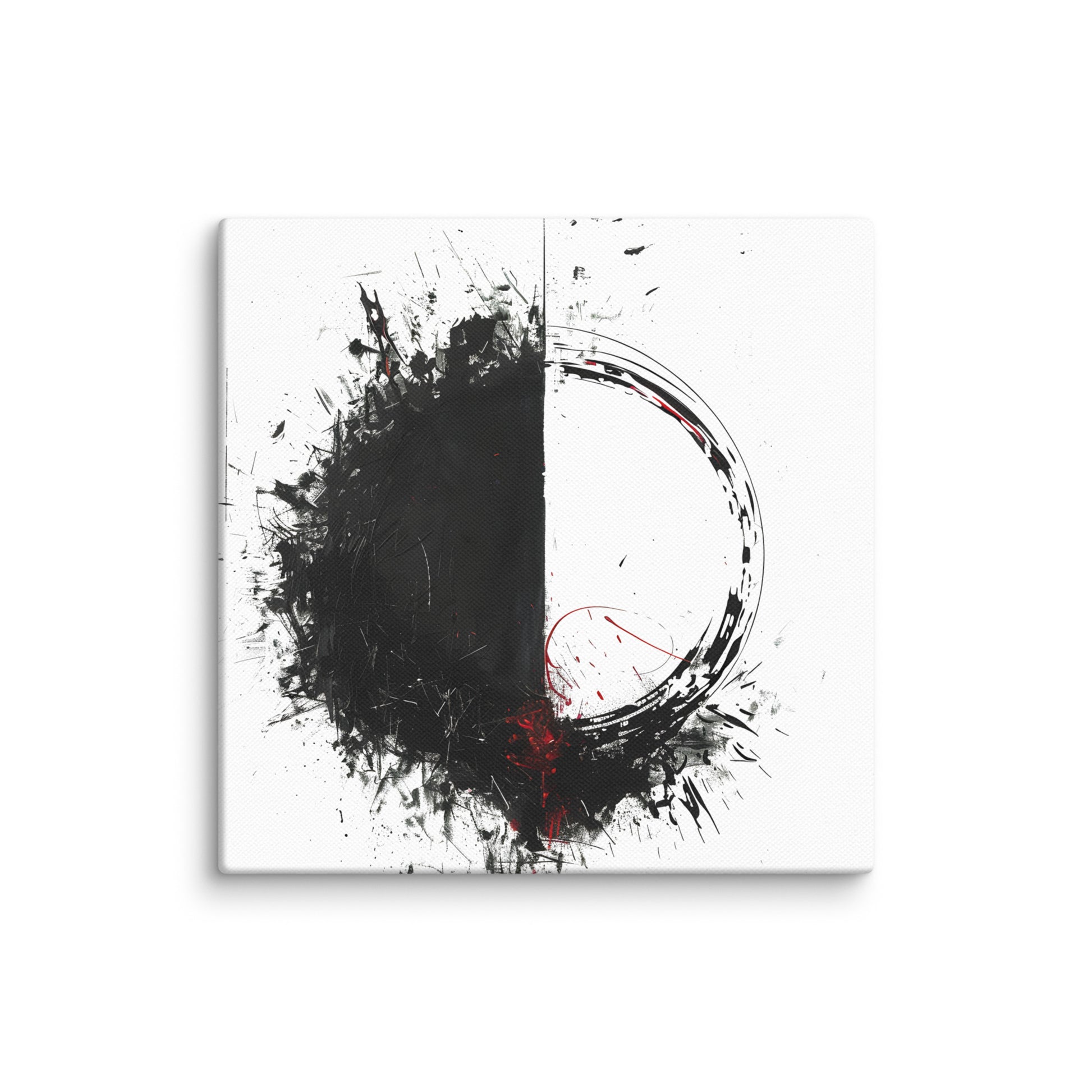 Wandbild Red Circle No. 02 aus der Kollektion Chaos & Order im Format 12x12 Zoll mit schwarzer Flaeche, offener Kreisform und roten Akzenten in abstrakter Tusche-Komposition