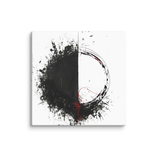 Wandbild Red Circle No. 02 aus der Kollektion Chaos & Order im Format 12x12 Zoll mit schwarzer Flaeche, offener Kreisform und roten Akzenten in abstrakter Tusche-Komposition