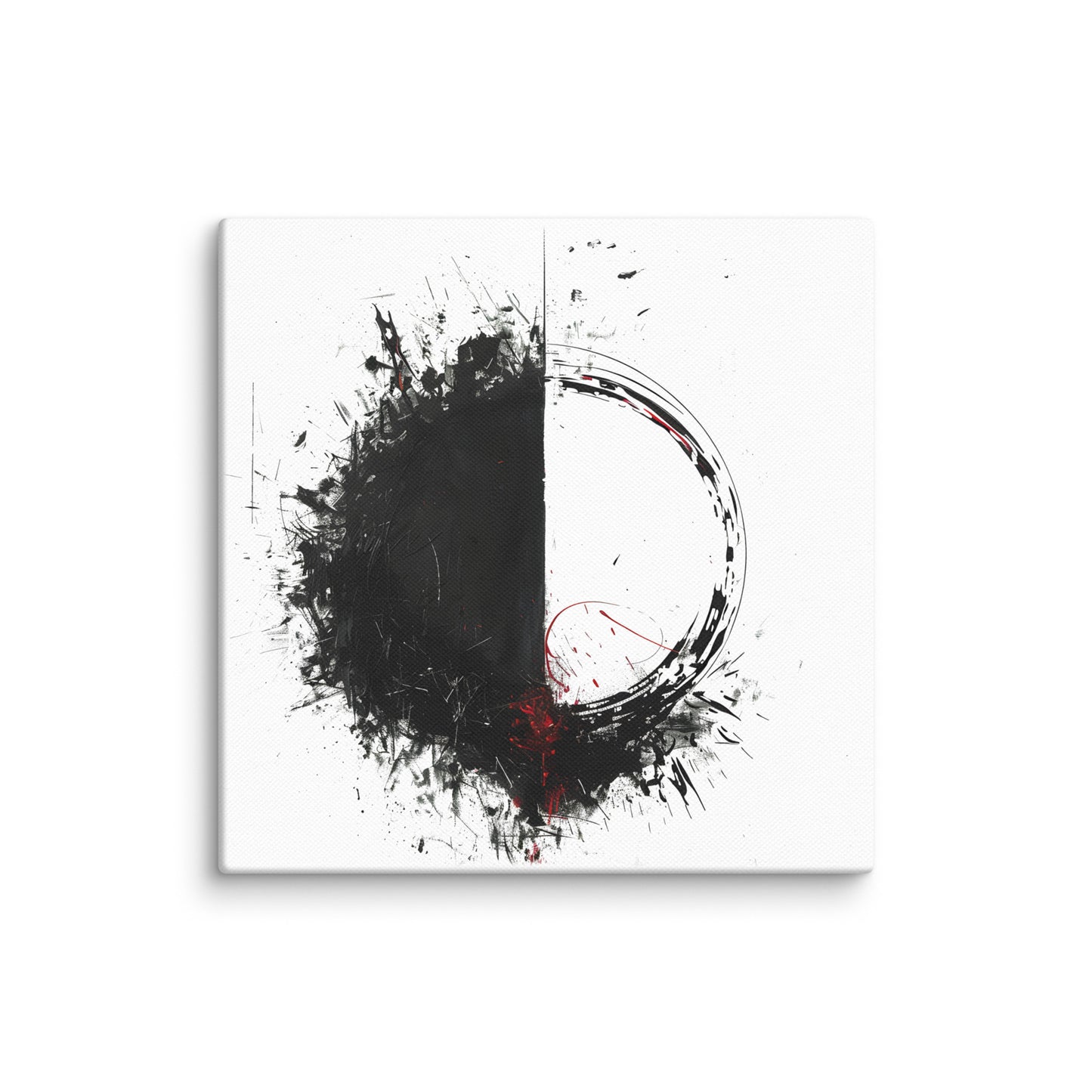 Wandbild Red Circle No. 02 aus der Kollektion Chaos & Order im Format 16x16 Zoll mit schwarzer Flaeche, offener Kreisform und roten Akzenten in abstrakter Tusche-Komposition
