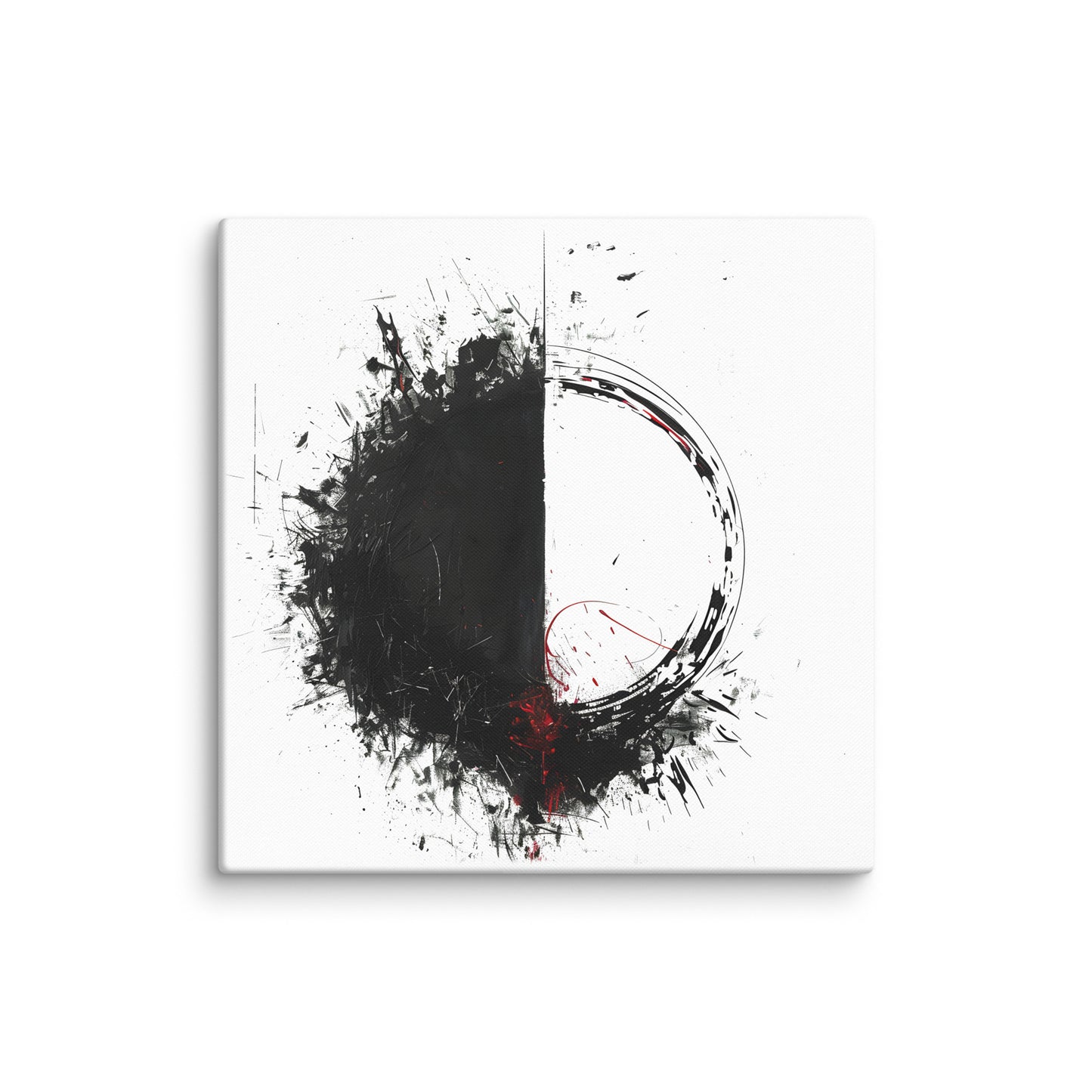 Wandbild Red Circle No. 02 aus der Kollektion Chaos & Order im Format 30x30 Zoll mit schwarzer Flaeche, offener Kreisform und roten Akzenten in abstrakter Tusche-Komposition