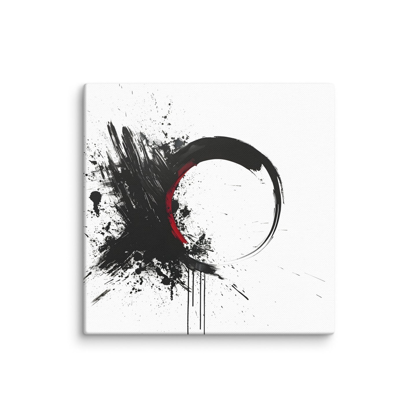 Wandbild Red Circle No. 03 aus der Kollektion Chaos & Order im Format 12x12 Zoll mit roter Kreisform, schwarzer Tusche-Explosion und abstrakter Spritz-Komposition