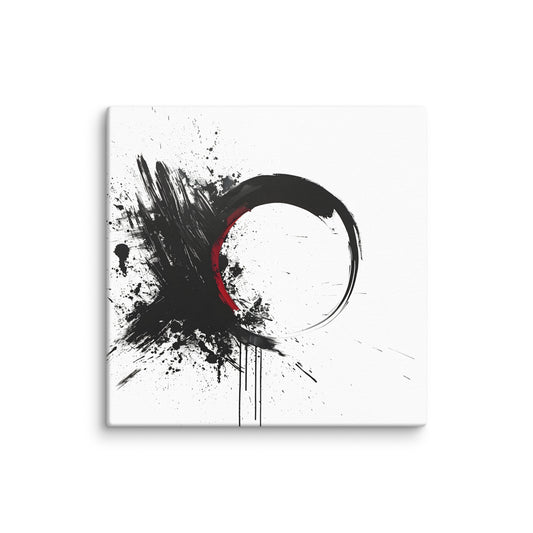 Wandbild Red Circle No. 03 aus der Kollektion Chaos & Order im Format 12x12 Zoll mit roter Kreisform, schwarzer Tusche-Explosion und abstrakter Spritz-Komposition