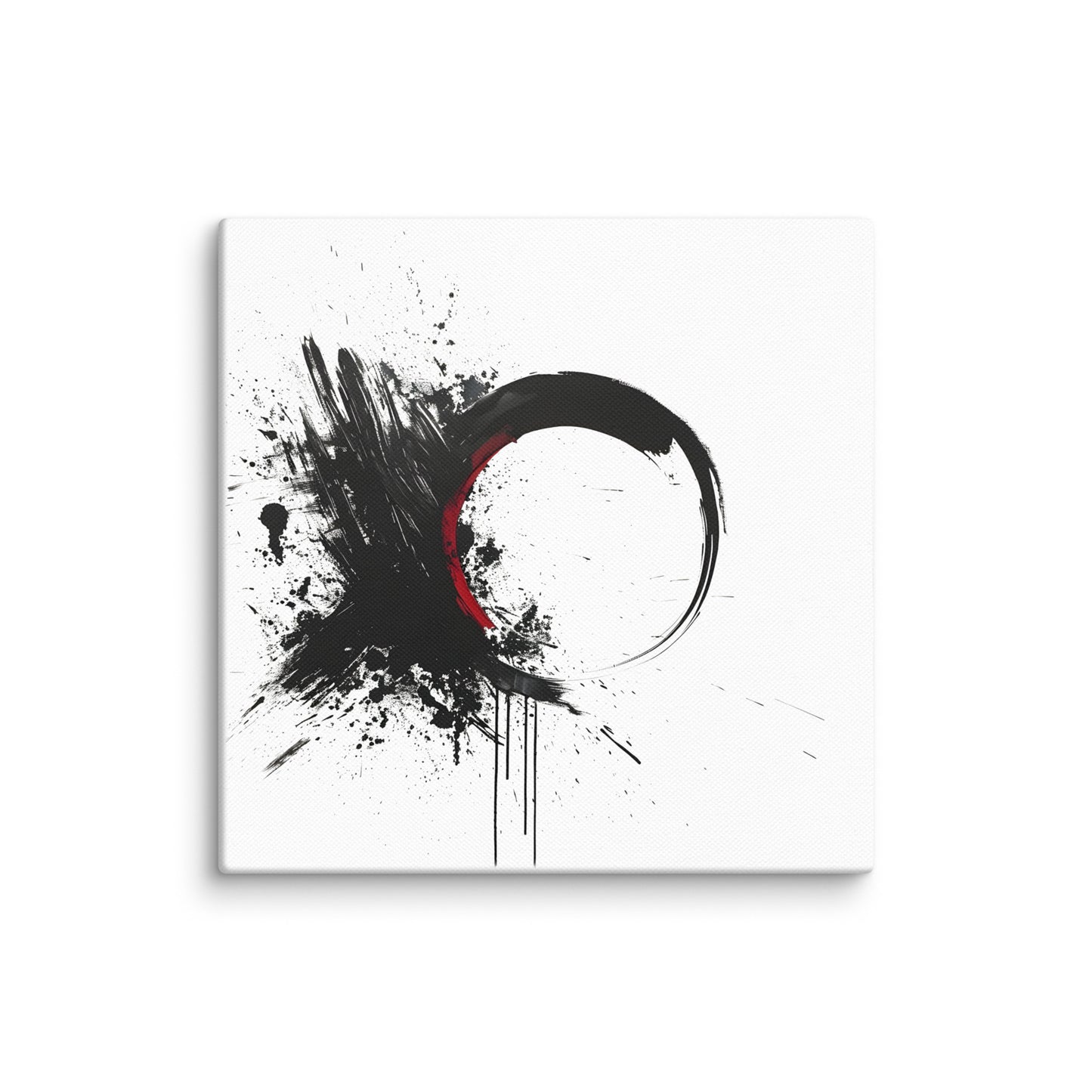 Wandbild Red Circle No. 03 aus der Kollektion Chaos & Order im Format 16x16 Zoll mit roter Kreisform, schwarzer Tusche-Explosion und abstrakter Spritz-Komposition