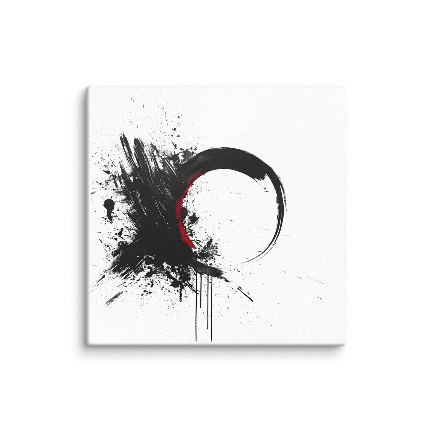 Wandbild Red Circle No. 03 aus der Kollektion Chaos & Order im Format 24x24 Zoll mit roter Kreisform, schwarzer Tusche-Explosion und abstrakter Spritz-Komposition