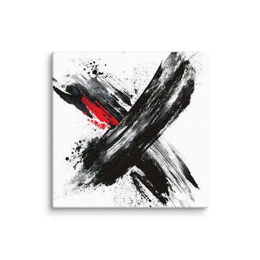 Wandbild Red Cross No. 01 aus der Kollektion Chaos & Order im Format 12x12 Zoll mit rotem Kreuz, schwarzer Pinselkomposition und abstrakter Tusche-Komposition
