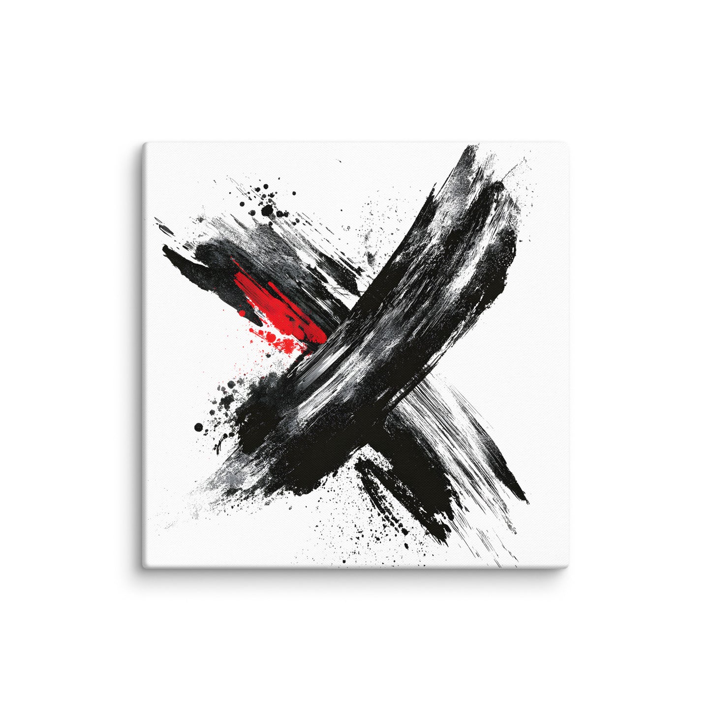 Wandbild Red Cross No. 01 aus der Kollektion Chaos & Order im Format 36x36 Zoll mit rotem Kreuz, schwarzer Pinselkomposition und abstrakter Tusche-Komposition