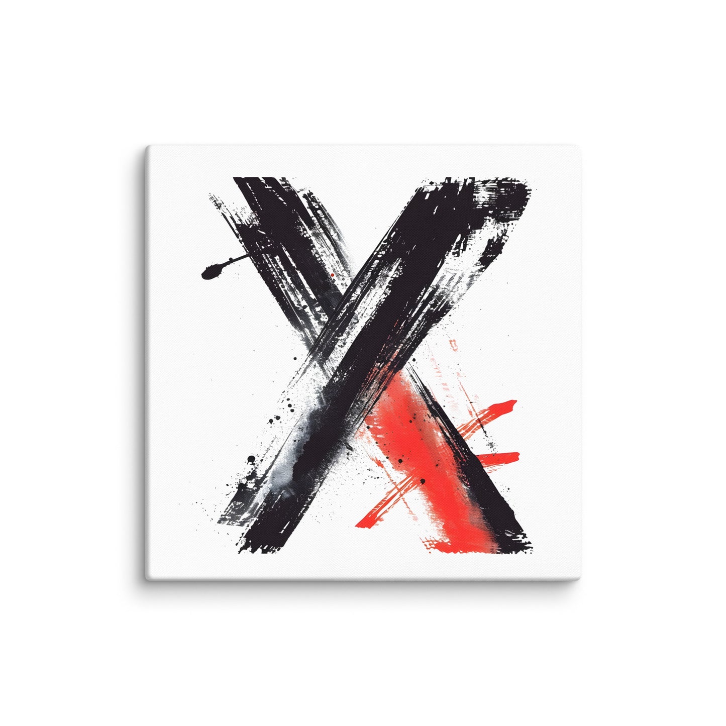 Wandbild Red Cross No. 02 aus der Kollektion Chaos & Order im Format 24x24 Zoll mit rotem Kreuz, schwarzer Pinselkomposition und abstrakter Tusche-Komposition