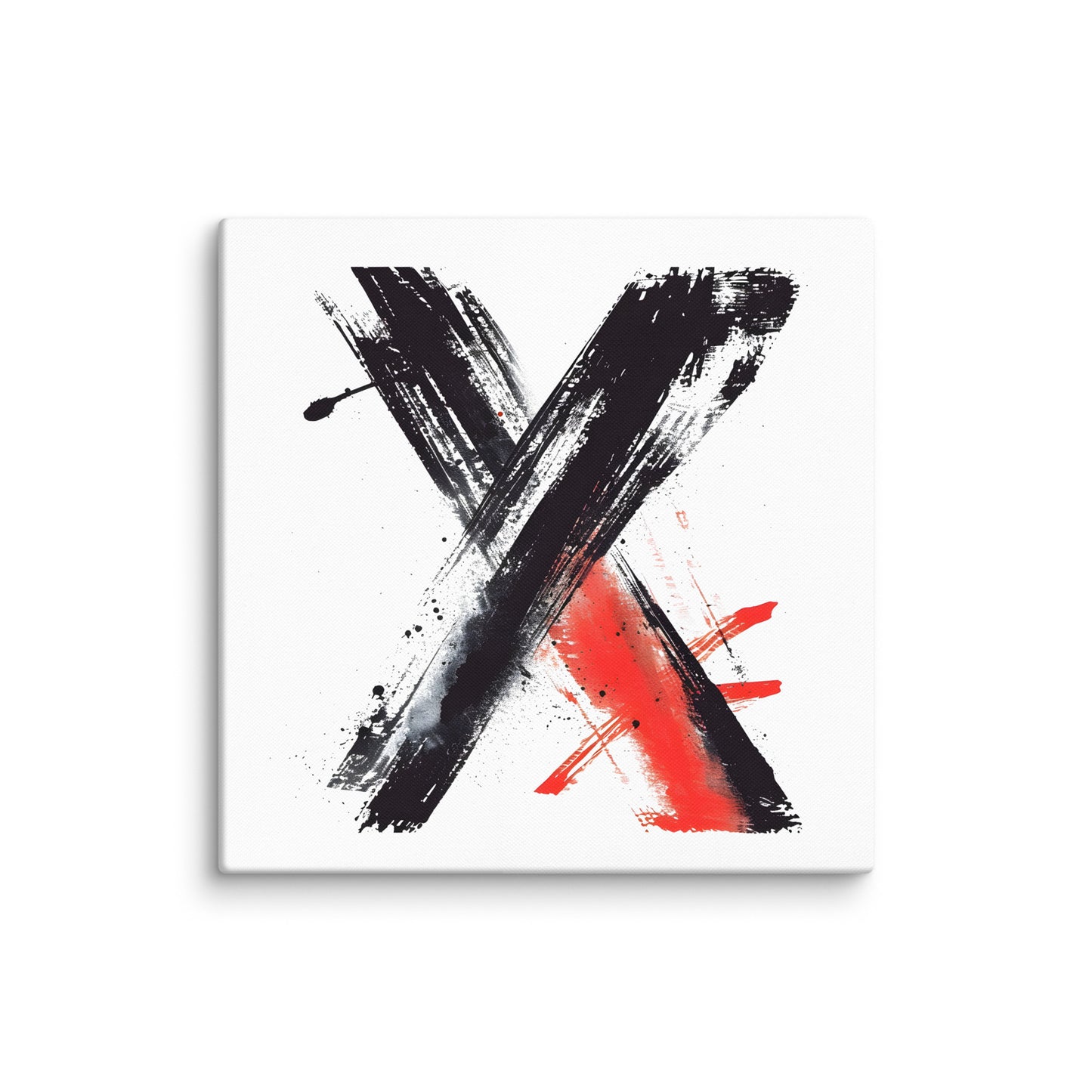 Wandbild Red Cross No. 02 aus der Kollektion Chaos & Order im Format 30x30 Zoll mit rotem Kreuz, schwarzer Pinselkomposition und abstrakter Tusche-Komposition